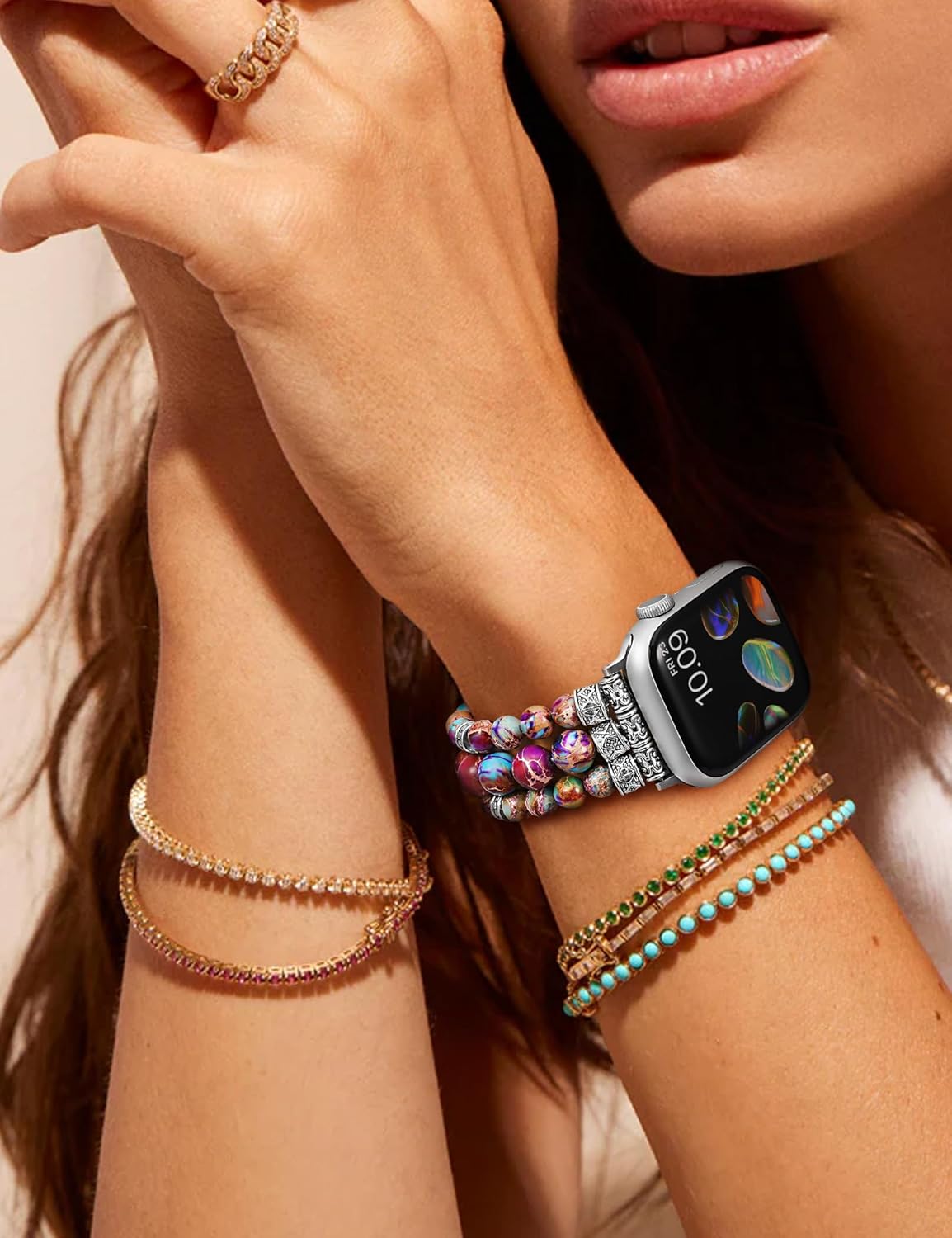 Moolia Stretch Natural Stone Strap Compatible with Apple Watch Bands 40/42/41/38mm Women, Jasper Handmade Bracelet Boho Beaded Band for iWatch Series 11 10 9 8 7 6 5 4 3 SE/Ultra 3 2 1