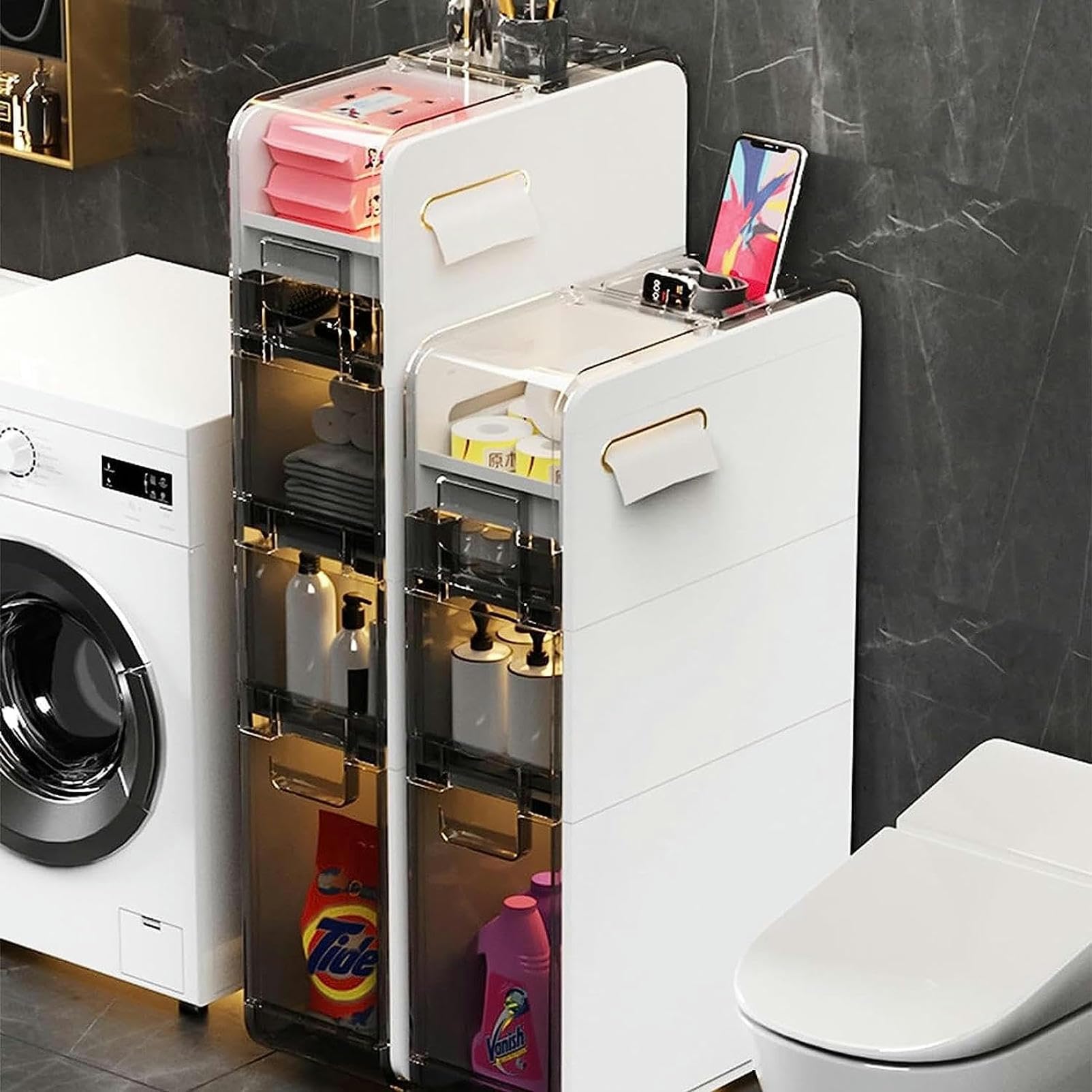Cajones de almacenamiento apilables, gabinete de piso para baño, unidad de almacenamiento Vertical con cajones transparentes y ruedas, Torre de almacenamiento delgada, al