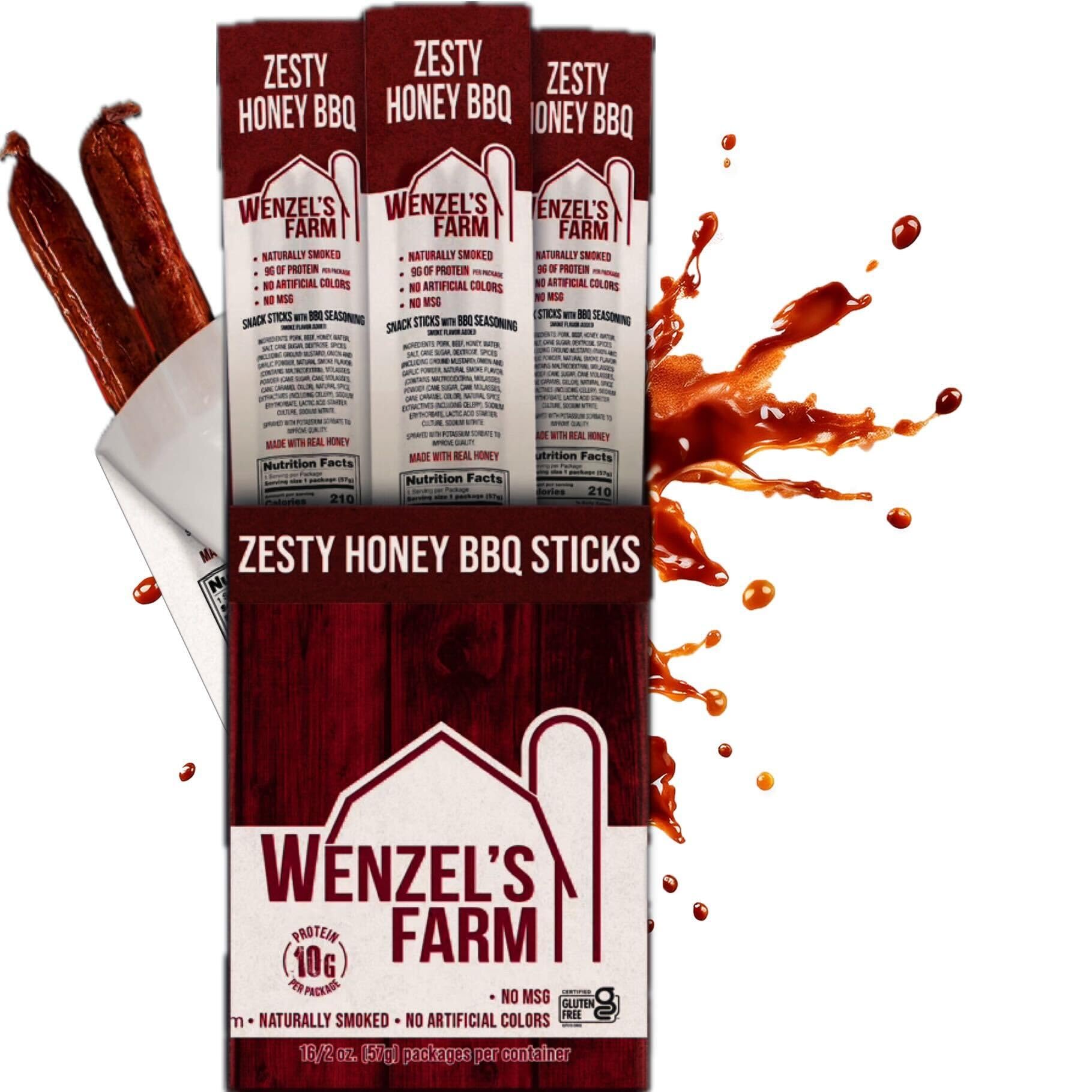 Wenzel's Farm Zesty Honey BBQ │Snack Sticks │ Flavorful, Naturally Smoked │ High Protein, Low Carb │ No MSG, Fillers, Binders, Artificial Colors │ Gluten Free | 32 sticks (16 packs of 2)
