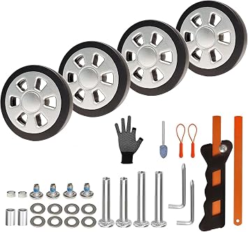 Luggage Wheels Replacement Set 4PCS Dia 2.2in Thick 12mm TPU Rubber Spinner Wheel with 2 Size Axles Full Set Repair Tool for Spinner Suitcase Trolley Bag Drawbar Travel Box