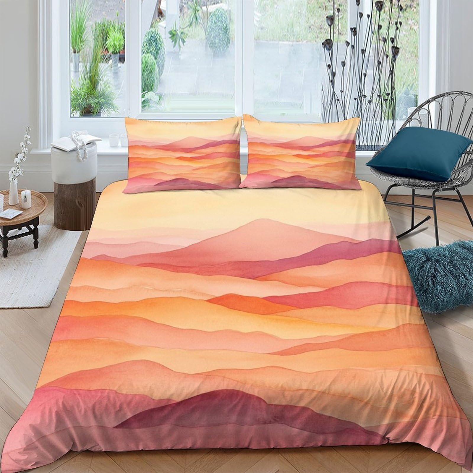 GPLZQXKJNH 3D Printed Sunset Landscape Duvet Cover Microfiber Soft Breathable Gradient Mountain Bedding Set with 2 Pillowcases for Bedroom Decor Single（135x200cm）