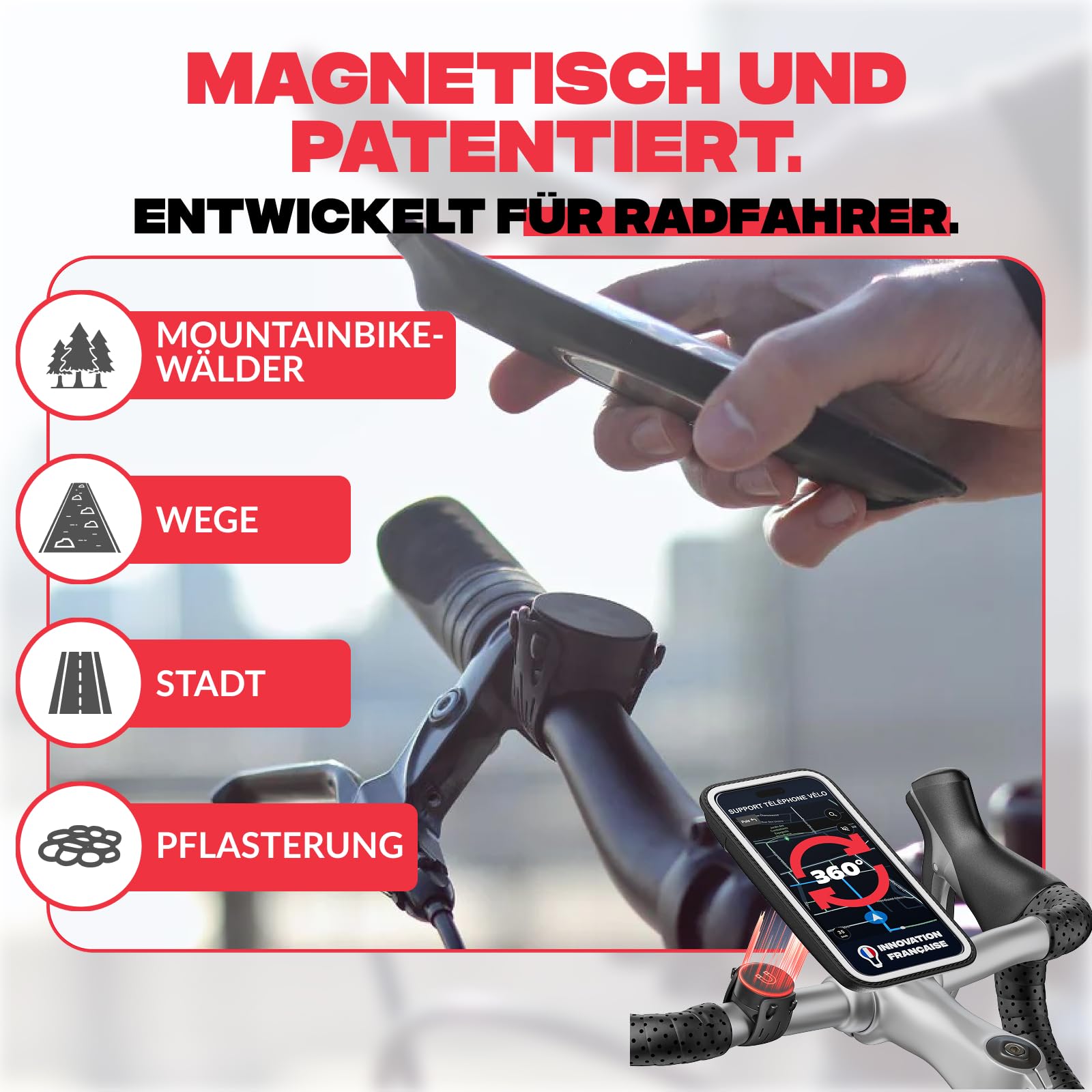 Shapeheart Magnetische Fahrrad-Handyhalterung, abnehmbar & Weatherproof | Für alle Handys | Lenker & Vorbau 20–50 mm | 1-Hand-Bedienung | Touchscreen | Dämpft Vibrationen | MTB, E-Bike, E-Scooter