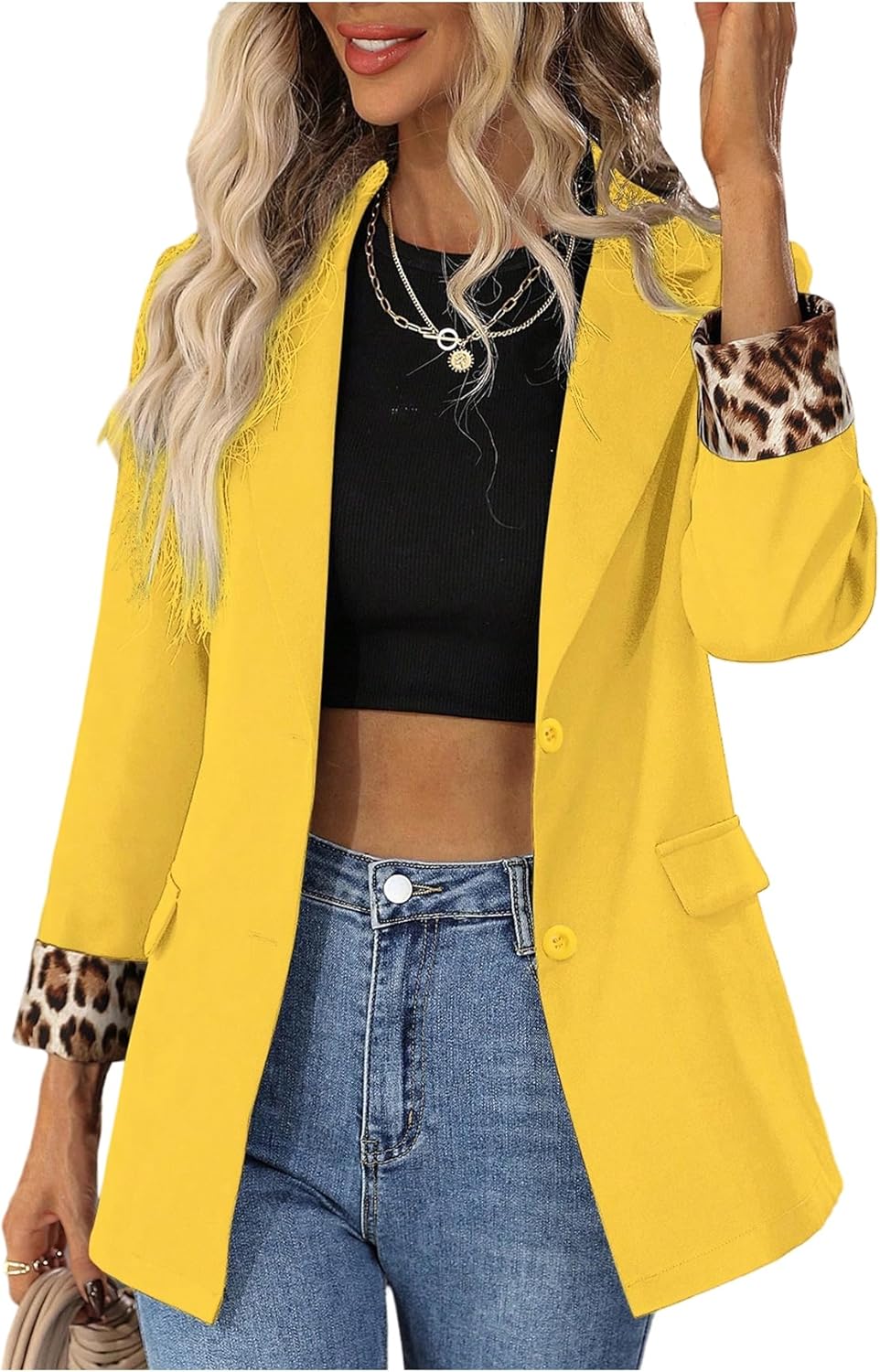 Floerns Women's Contrast Leopard Blazer Lapel Button Down Long Sleeve Office Blazer Jacket