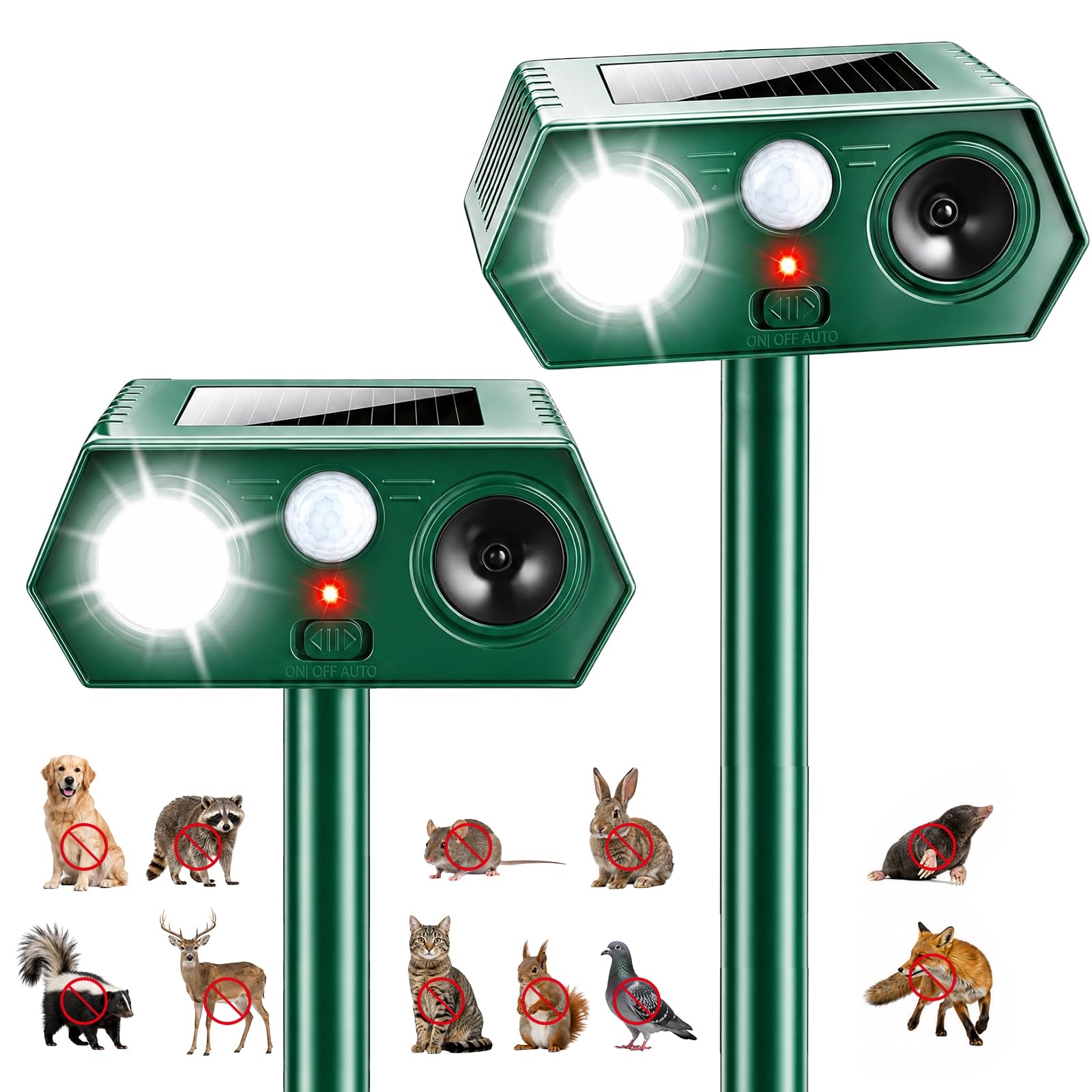 2 Pièces Repulsif Chat Exterieur, Solaire Répulsif Chat Ultrason avec Flash LED et 120° PIR Détecteur de Mouvement,IP54 Imperméable Ultra Son Anti Chats Chiens Renards Rongeurs