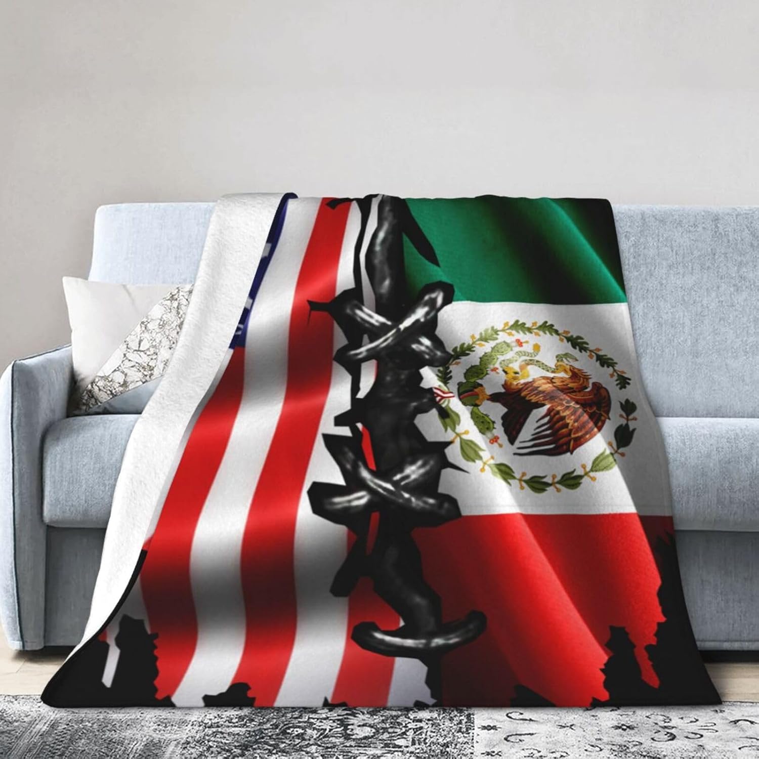 USA America Mexico Mexican Flag Theme Throw Blanket, Cozy Flannel Fleece Winter Blankets for Bed Sofa and Couch60 x50