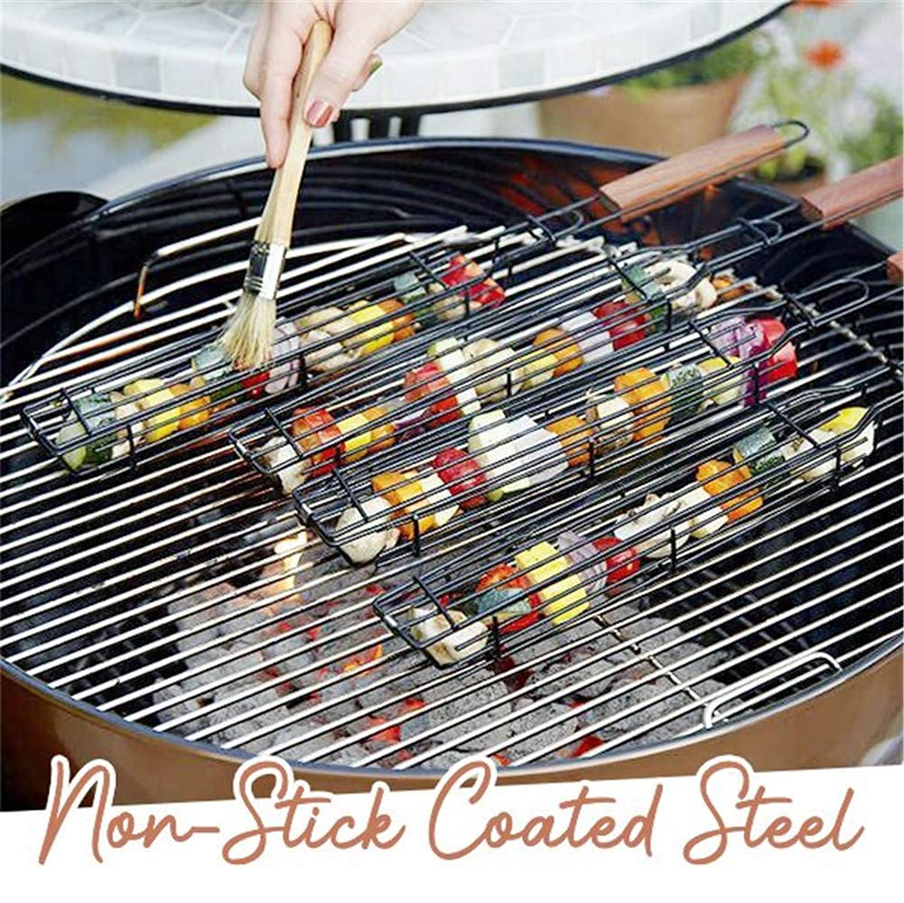 Panier à Griller Paniers à Brochettes Simples Antiadhésifs Barbecue à Poignée en Bois Anti-Corrosion pour Poisson Rôti Légumes Crevettes Fruits De Mer 5 pièces