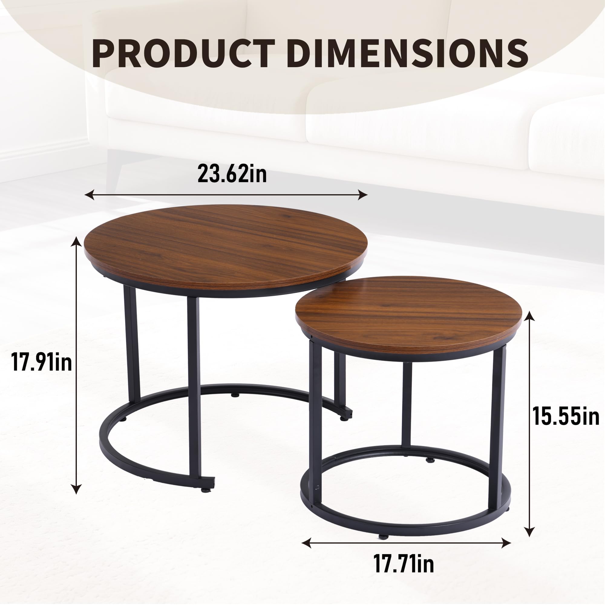 Lot de 2 Tables Basses Rondes, Table de Salon avec Pieds Métalliques Noirs, Set de Tables d'Appoint, Table en Bois à Effet Lisse, Table pour Canapé – Idéale pour Salon, Chambre, Noyer