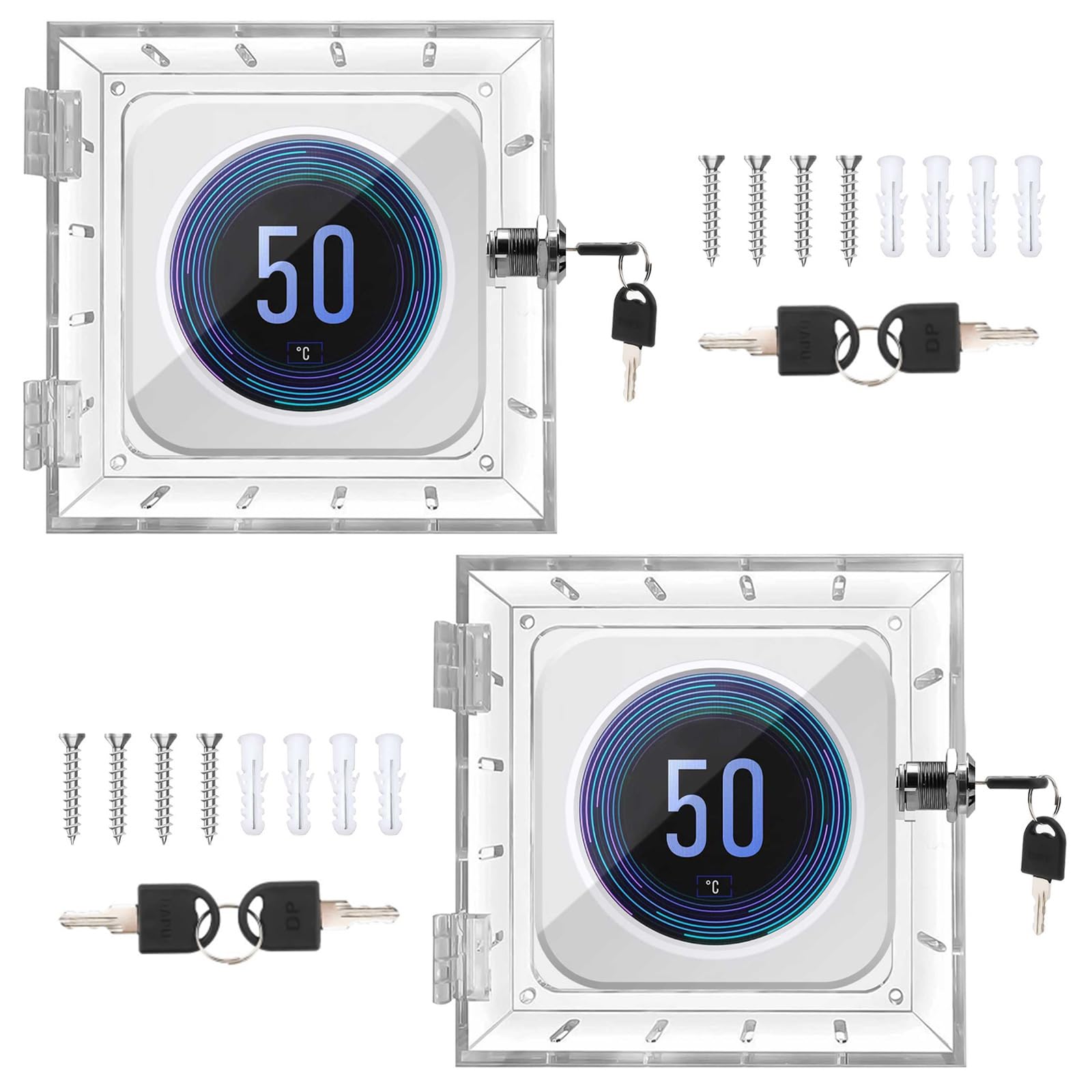 2PCS Thermostat Cover with Lock, Wall Mounted Acrylic Thermostat Guard Box with 4pcs Screws & Bolts