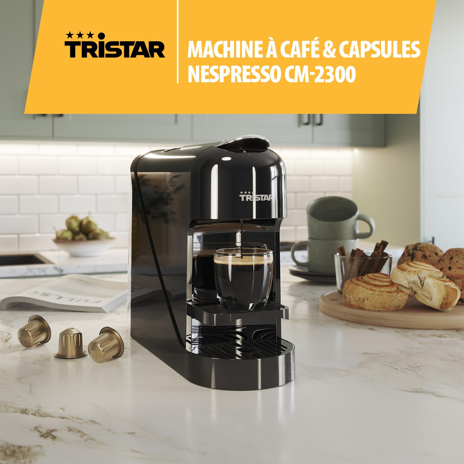 Tristar Machine à Café à Capsules, Réservoir 0,8 l, 1400 W, Compatible avec Capsules Nespresso, Bac d’égouttage Amovible, Arrêt Automatique, CM-2302