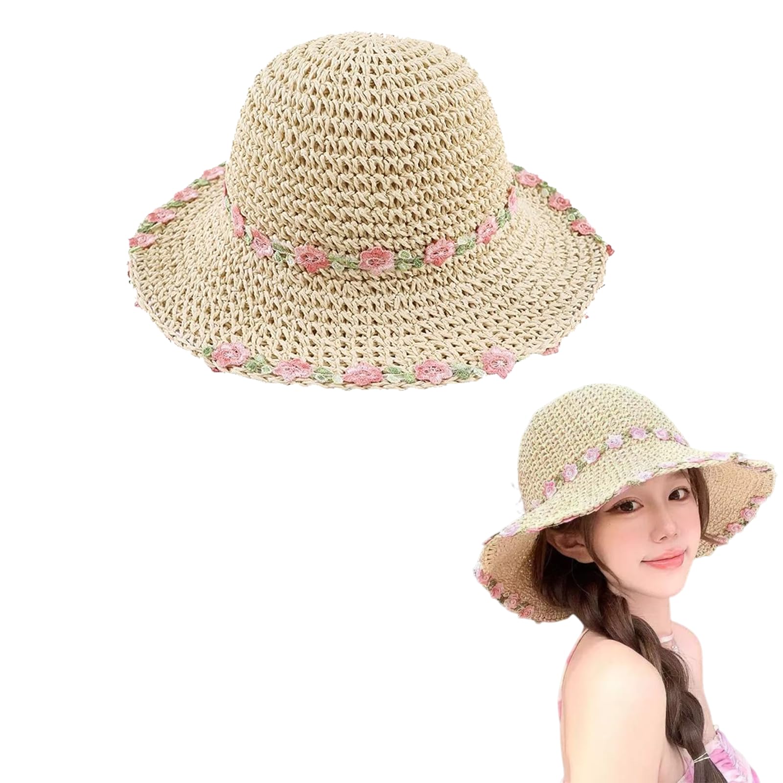 embroidery Beach Hat for Women, hat, Straw Sun Hat with Floral Design, Stylish Summer Headwear for Outdoor Activities, Lightweight Foldable Sun, One Piece in Beige Pink Floral Pattern-picture-36