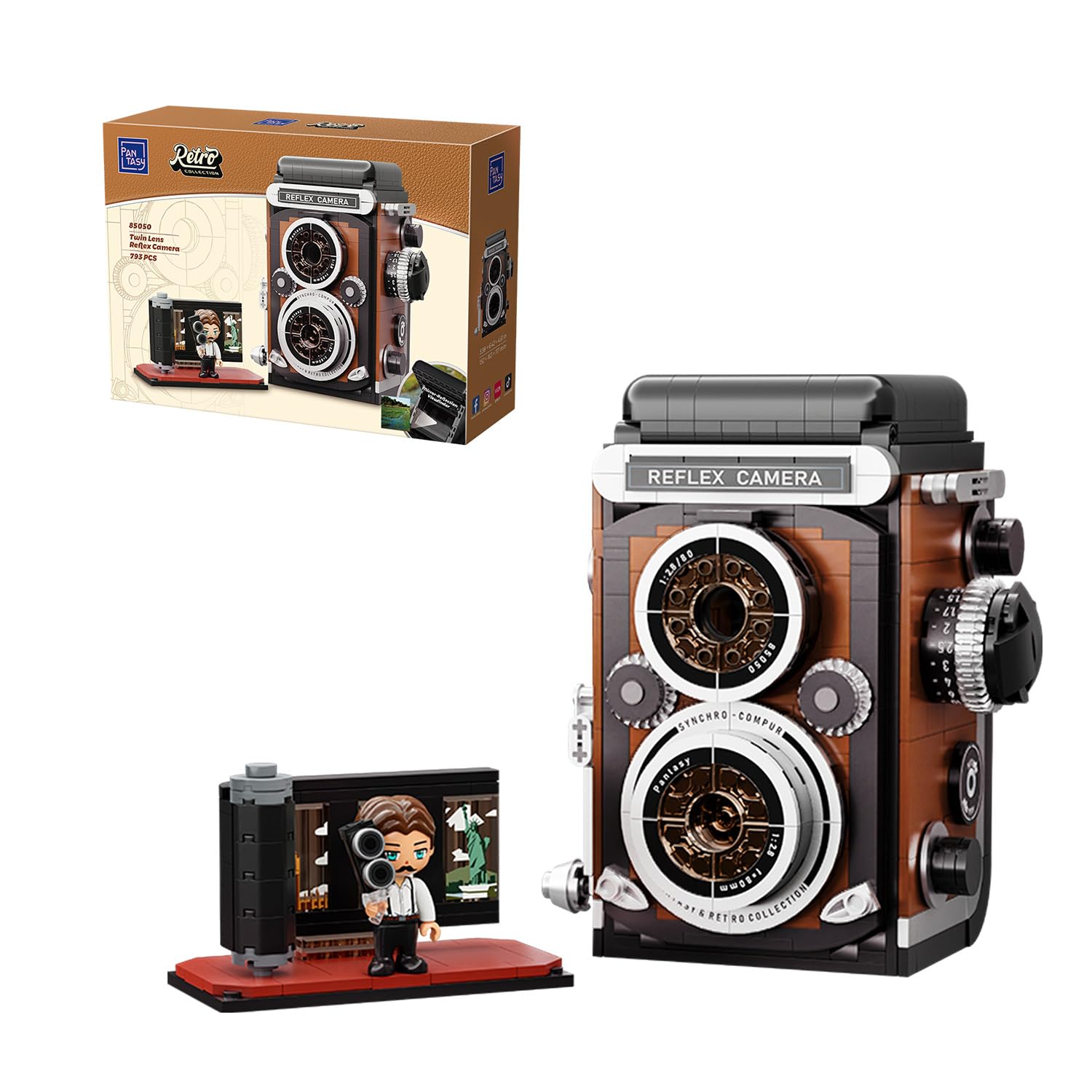 PANTASY Retro Kamera Klemmbausteine Set für Erwachsene | Klassische Doppelobjektivkamera mit interaktiven Funktionen, Vintage-Fotoapparat als dekoratives Sammlermodell