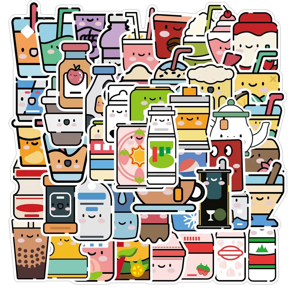 Drinks Cute 50 Stickers Assorted No Repeating Waterproof Cute Kawaii Adorable Cartoon Adhesive Unique Designs for Electronics, Laptops, Thermos, Cellphones, Guitars, Refrigerators, Bikes, Skateboards