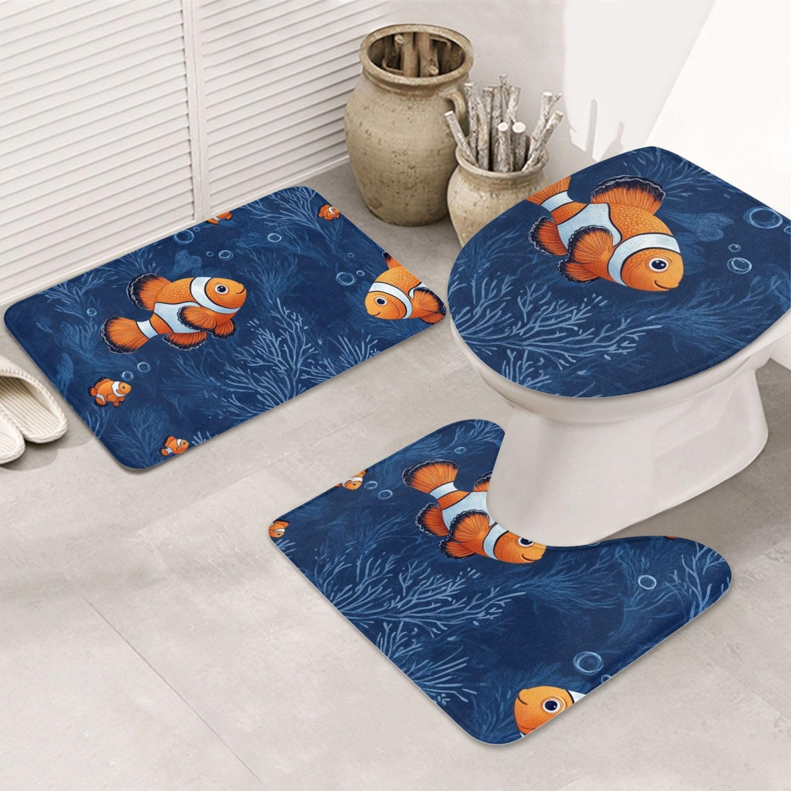 Lot de 3 tapis de salle de bain à fond bleu avec poisson orange, tapis de bain doux et absorbant en mousse à mémoire de forme et tapis de toilette en forme de U, décoration d'intérieur, séchage rapide
