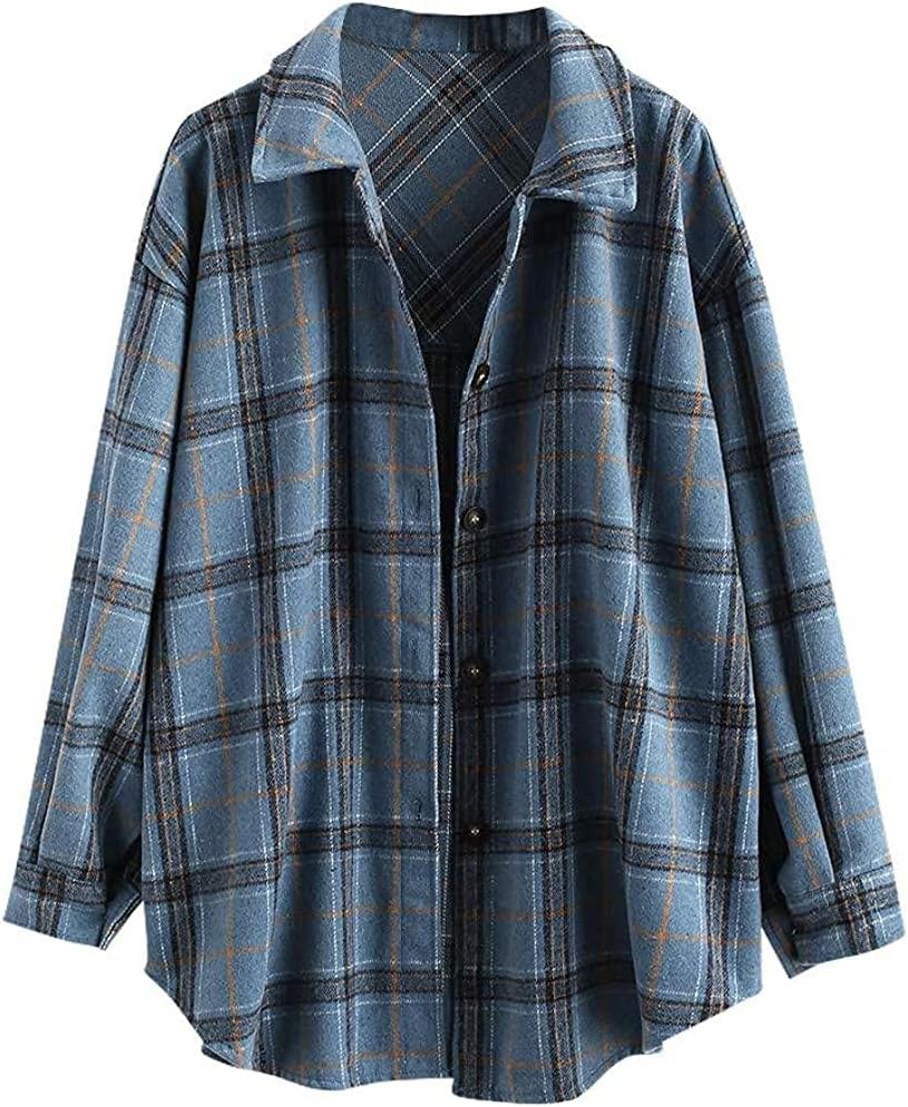 Women's Plaid Long Sleeve Shirt Button Down Thin Jacket Casual Flannel Plaid Shacket with Pocket