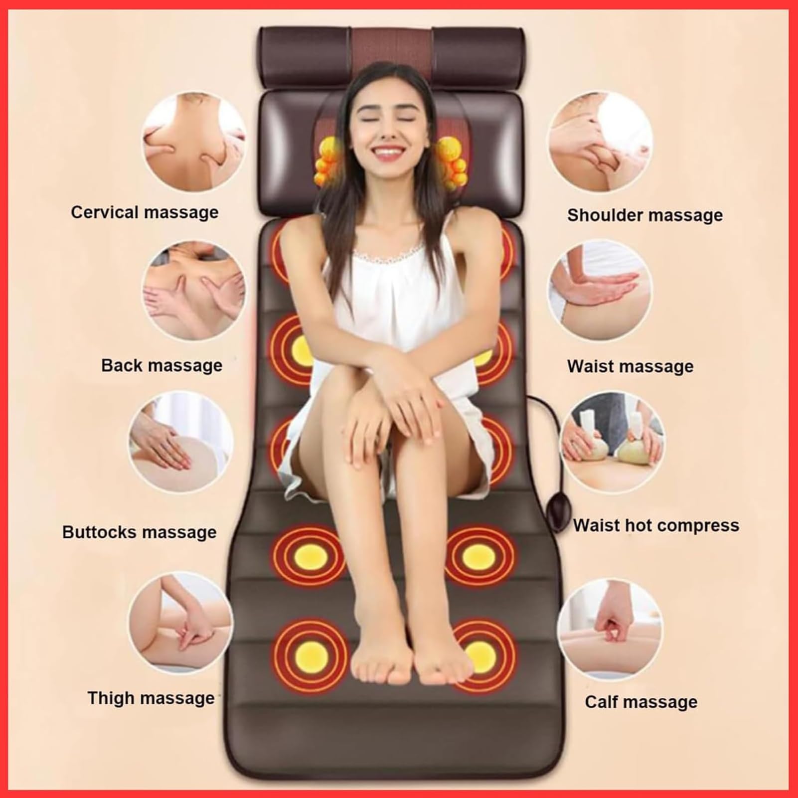 Colchoneta De Masaje Relajante De Cuerpo Completo Con Calor: 10 Nodos Vibratorios, Almohadas Ajustables Y Almohadillas Térmicas For Aliviar La Tensión Muscular(A)