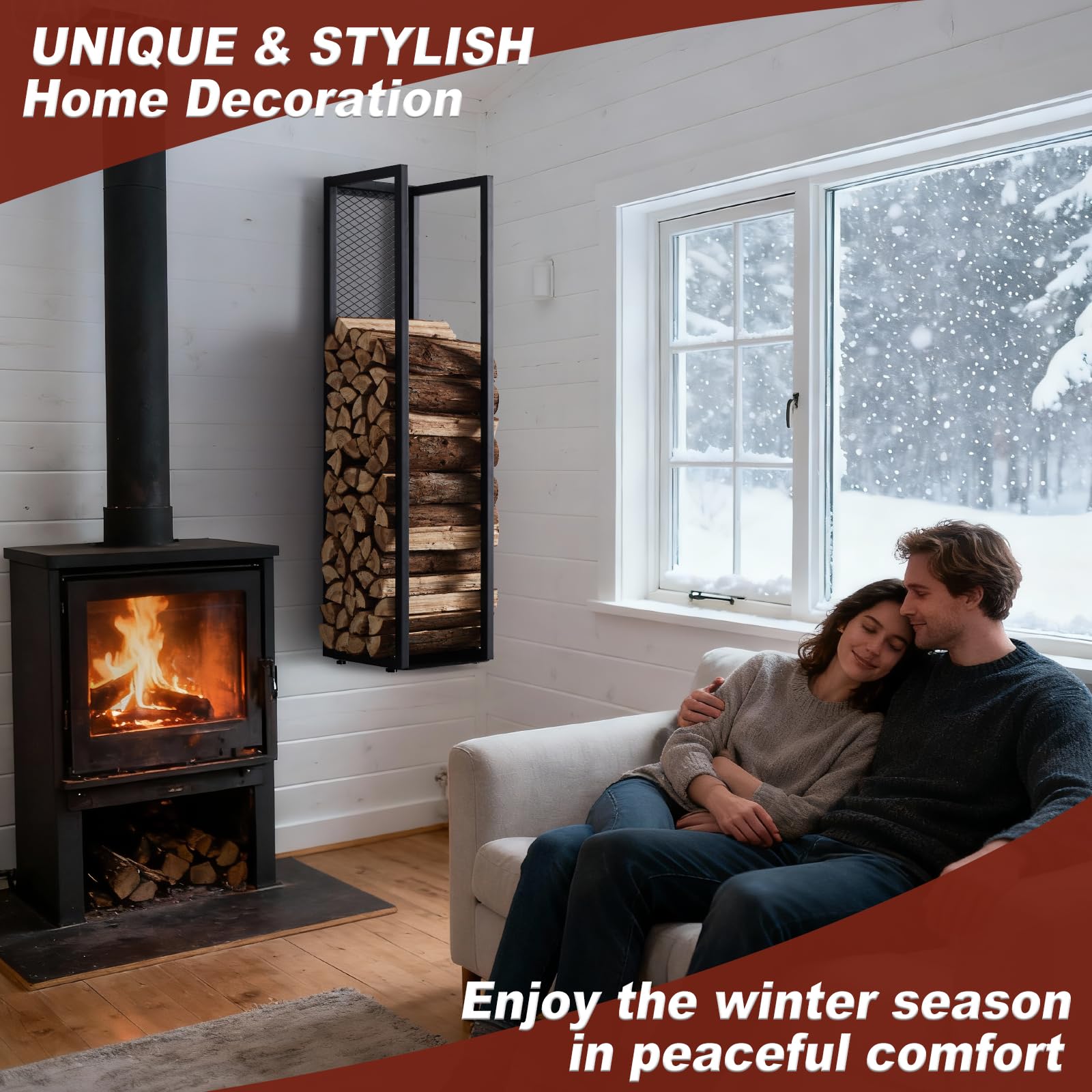 Metall Kaminholzregal Innen mit Rückwand, Wand Brennholzregal Innen 100 cm Kaminholzständer Feuerholzregal Schwarz für Kaminholz Brennholz, Kaminholzhalter Kaminholzlager innen & außen