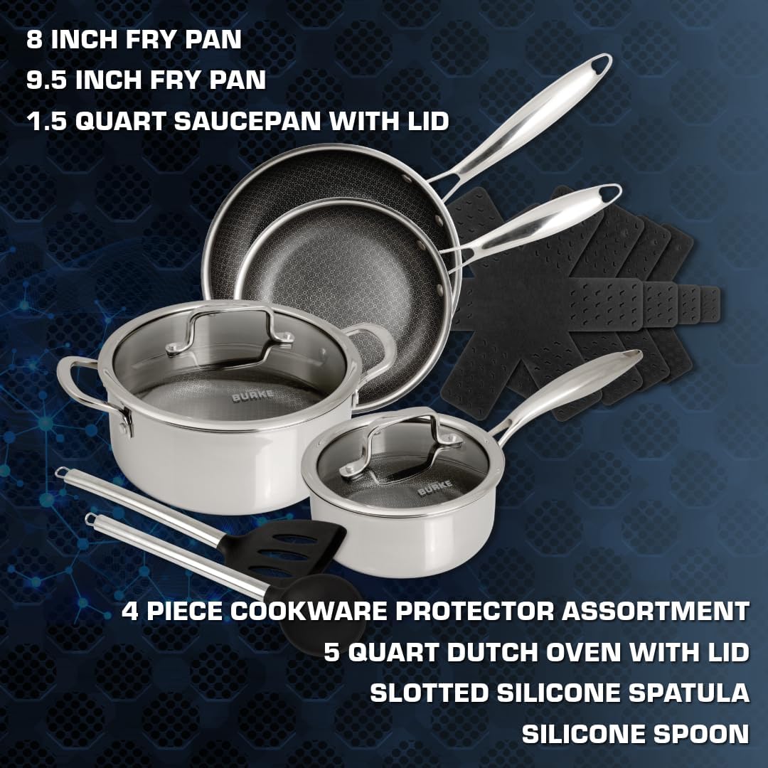 David Burke GeoClad Ceramic 12-Piece Cookware Set – Stainless Steel Sear Surface, Geometric Pattern, Tri-Ply Clad Body, PFOA-Free, Dk Gray/SS