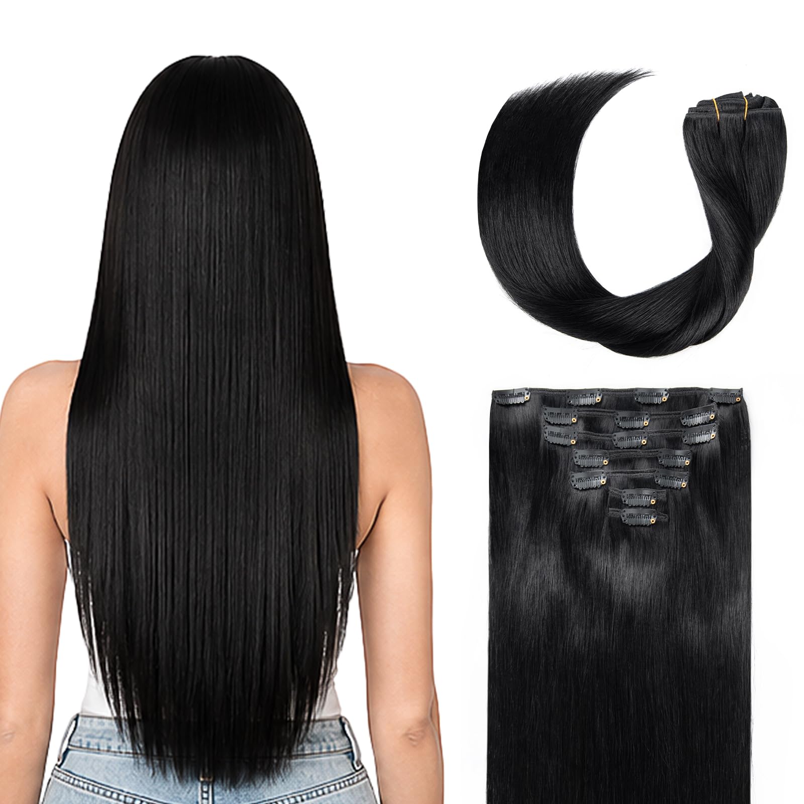 Echthaar Clip In Extensions Schwarz #1, Natürliches Volumen 50cm | 120g 7Pcs Tiefschwarz Echthaare mit Unsichtbare Klipps für Volle Kopfabdeckung
