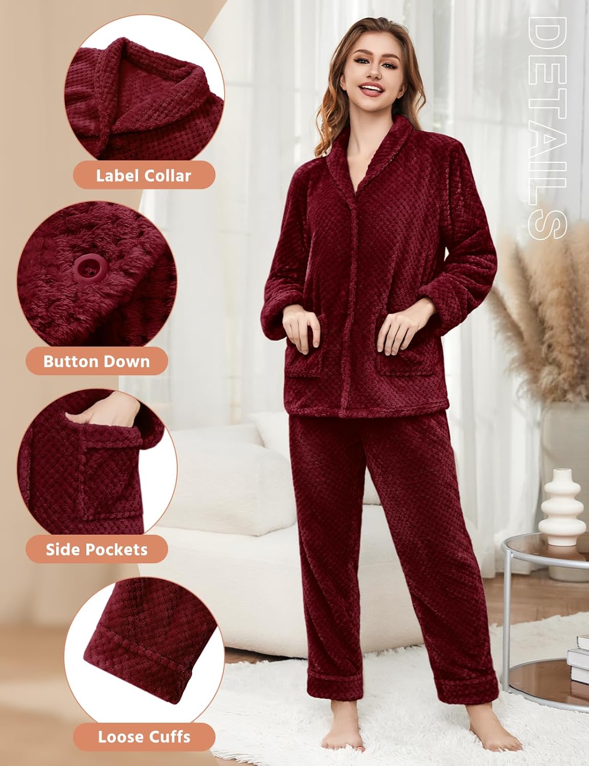 Women's Warm Fleece Pajama Sets, Long Sleeve Soft Sleepwear Button Down Winter Lounge PJs Sets with Straight Pockets - Image 3