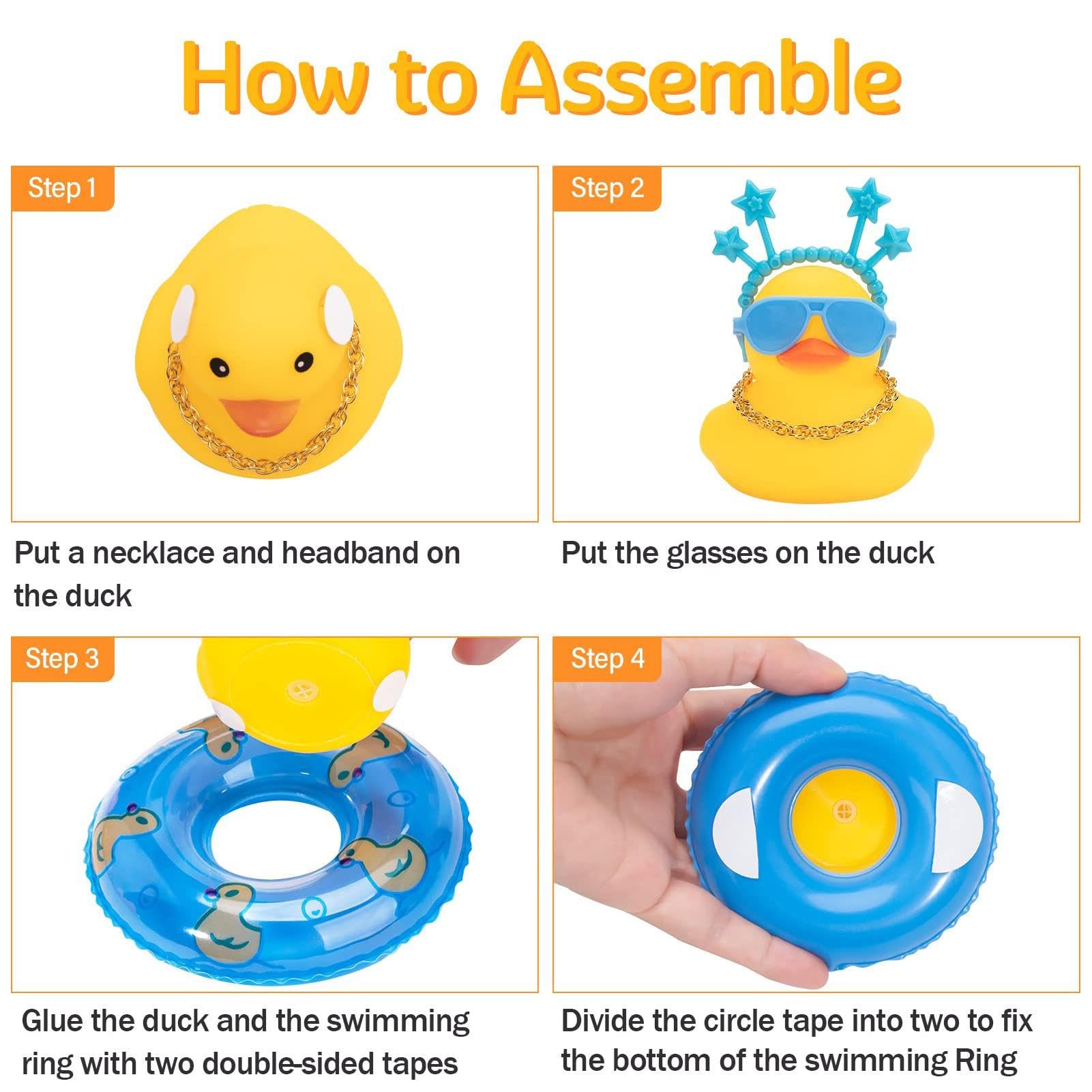 Anatre in gomma per auto, decorazione per cruscotto, paperella, giocattolo, ornamenti per auto, accessori per la decorazione dell'auto, con occhiali da sole e collana dorata