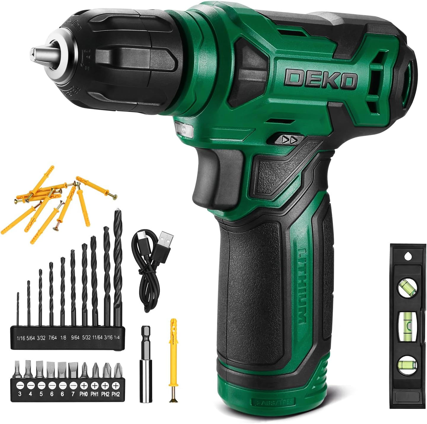 8V Cordless Drill, Drill Set with 3/8"Keyless Chuck, 42pcs Acessories, Built-in LED, Type-C Charge Cable, Green Power Drill for Drilling and Tightening/Loosening Screws