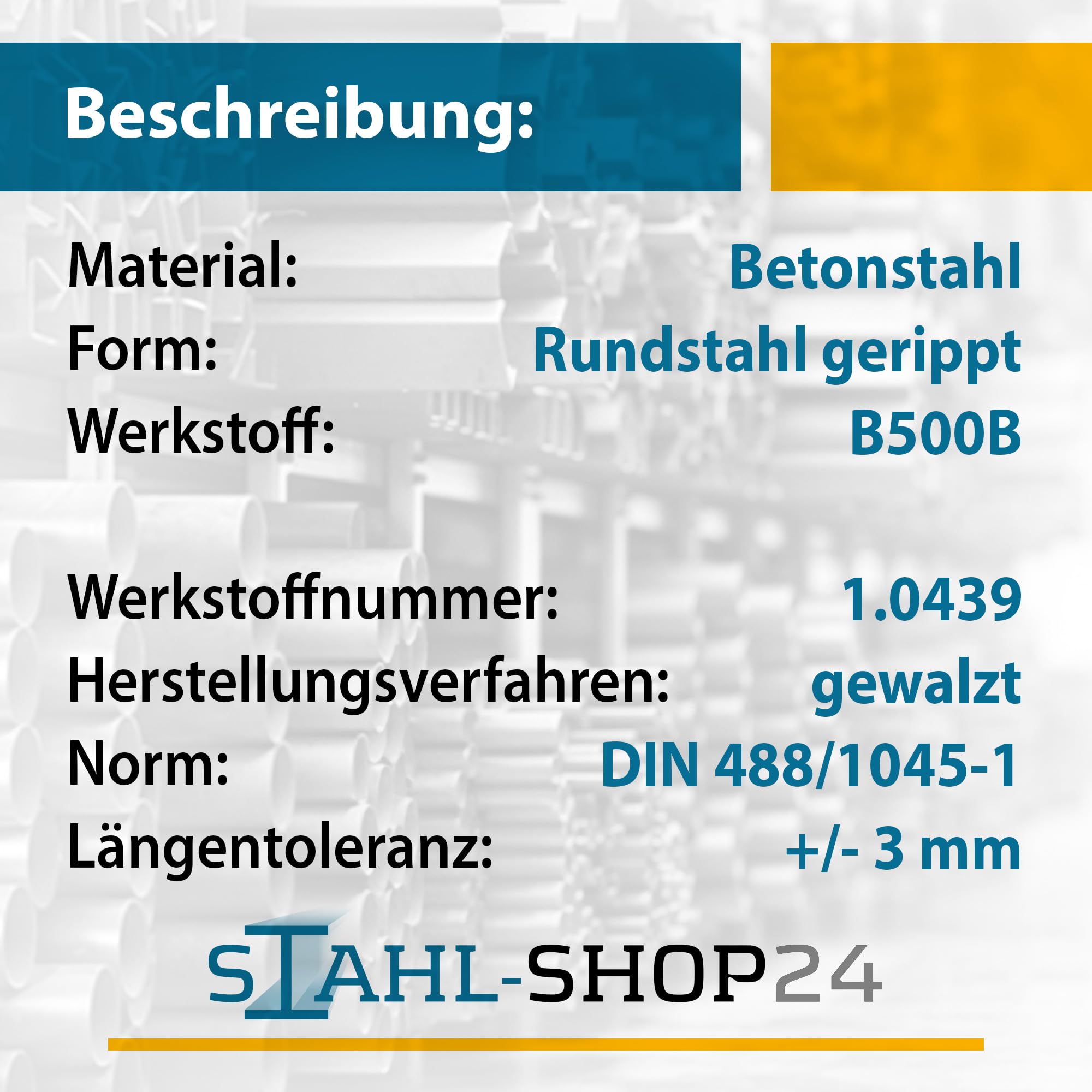 Stahl-Shop24-13x Baustahl Ø 8 mm 2000 mm - Gerippter Betonstahl nach DIN 488 - Moniereisen für Fundament & Estrich - Bewehrungsstahl für Bauprojekte - Verzinkbar & hochfeste Qualität