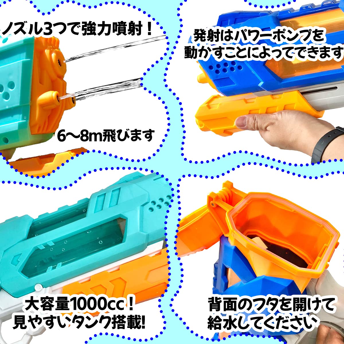 Amazon | 水鉄砲 2本セット 超強力飛距離 8m 大容量 1000CC 3つノズル