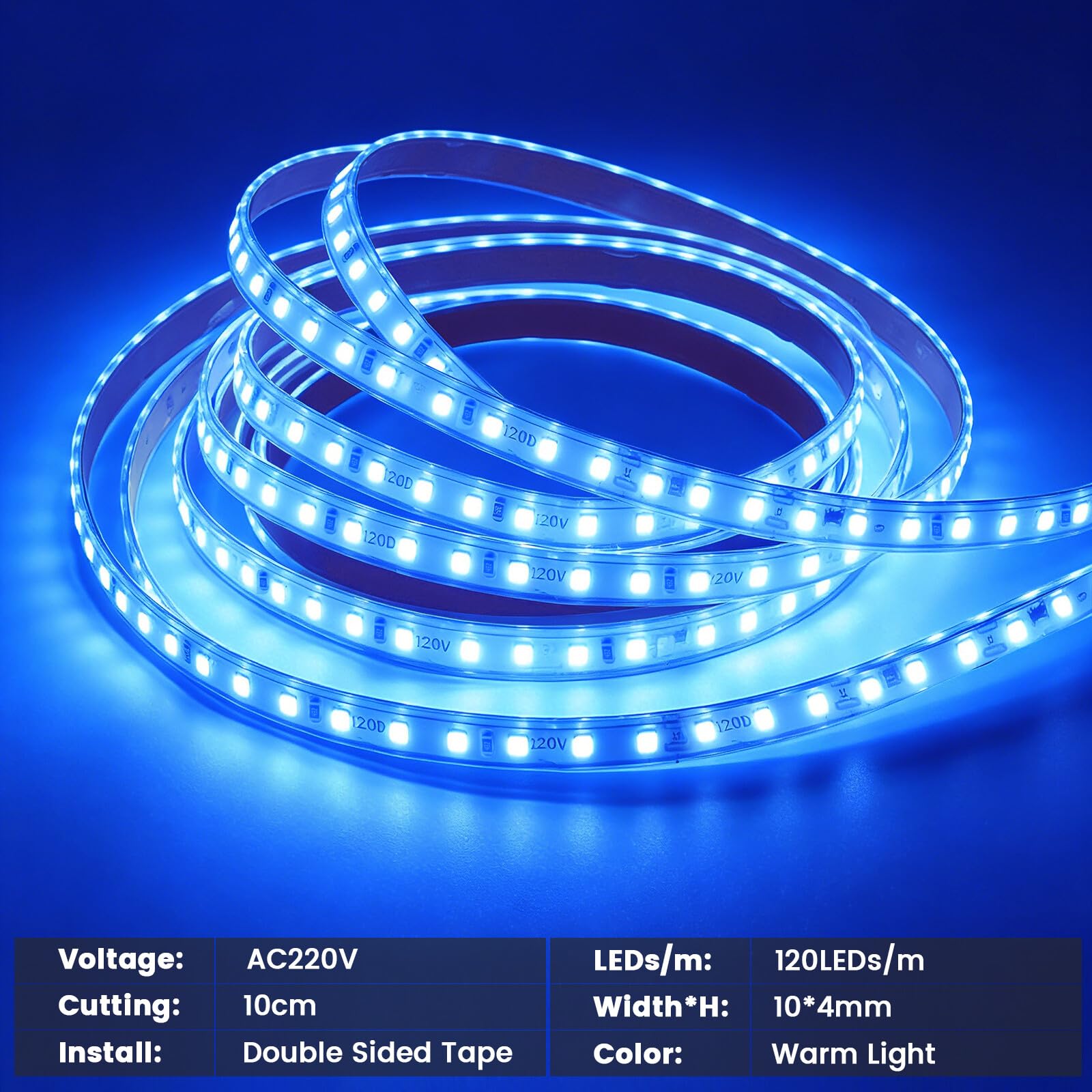 220V Tira LED regulable/temporizable [20M, Azul], flexible e impermeable IP65, 120 LEDs/m tira LED SMD2835 CRI85+, iluminación decorativa para el hogar