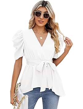 KOJOOIN Puff Short Sleeve Ruffle Shirt for Women Deep V Neck