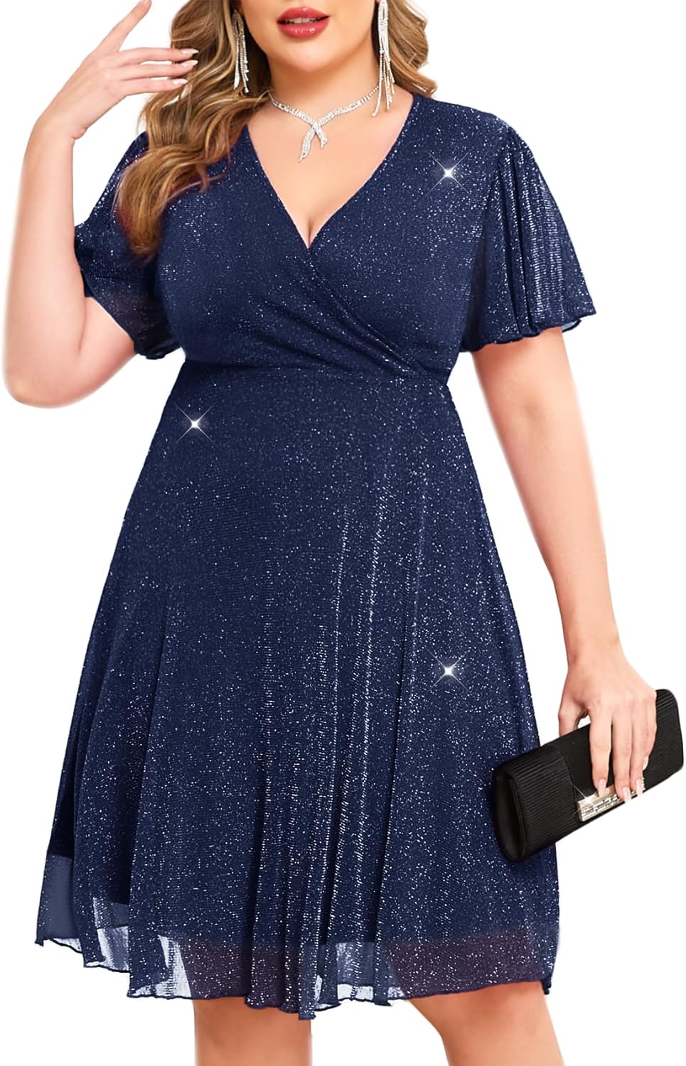 CYCLAMEN Plus Size Sparkly Mesh Dress A Line Short Ruffle Sleeve V Neck Wrap Glitter Dresses Wedding Guest Cocktail Club