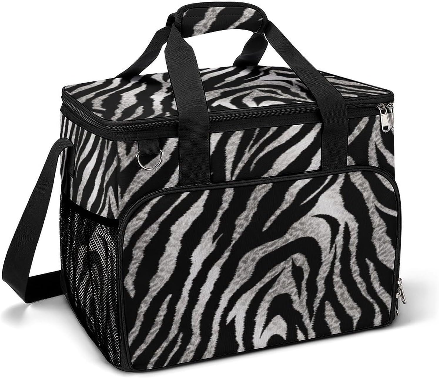Insulated Picnic Backpack Tote Bag, Large Capacity 30L Black and White Zebra Print Cooler Bag Leakproof Beach Bags Portable Lunch Box Waterproof Picnic Basket for Beach Camping BBQ