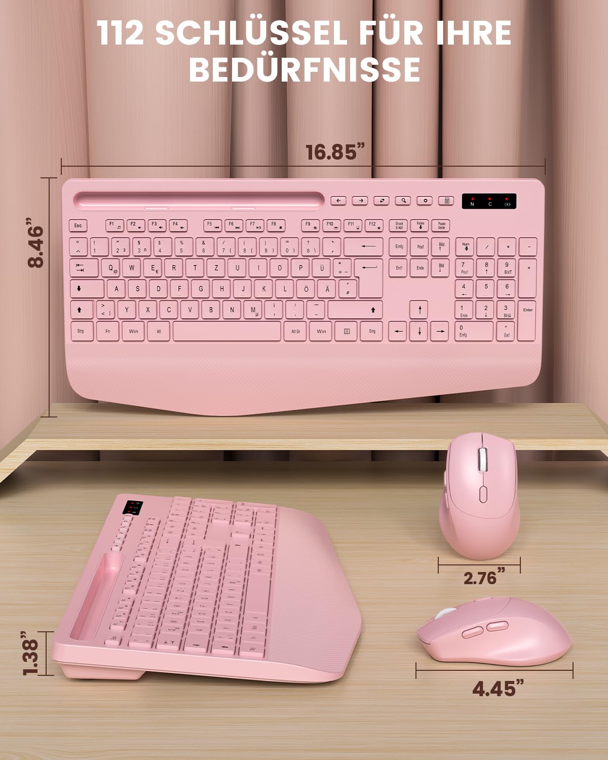 Juego de teclado y ratón inalámbrico, 2,4 G, sin latencia, juego ergonómico, reposamuñecas, soporte para teléfono, batería incluida, ratón silencioso y teclado para portátil, PC, Windows-rosa