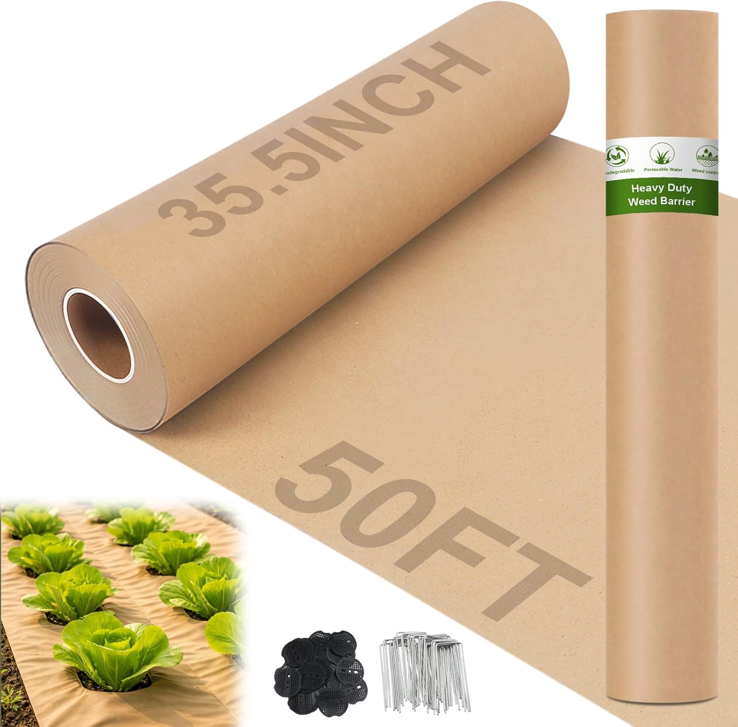 50 x 3 Ft Biodegradable Paper Weed Barrier Garden Paper Weed Barrier with U-Shaped Ground Nails Biodegradable Landscape Fabric Garden Mulch Rolls for Weeds Outdoor Lawn