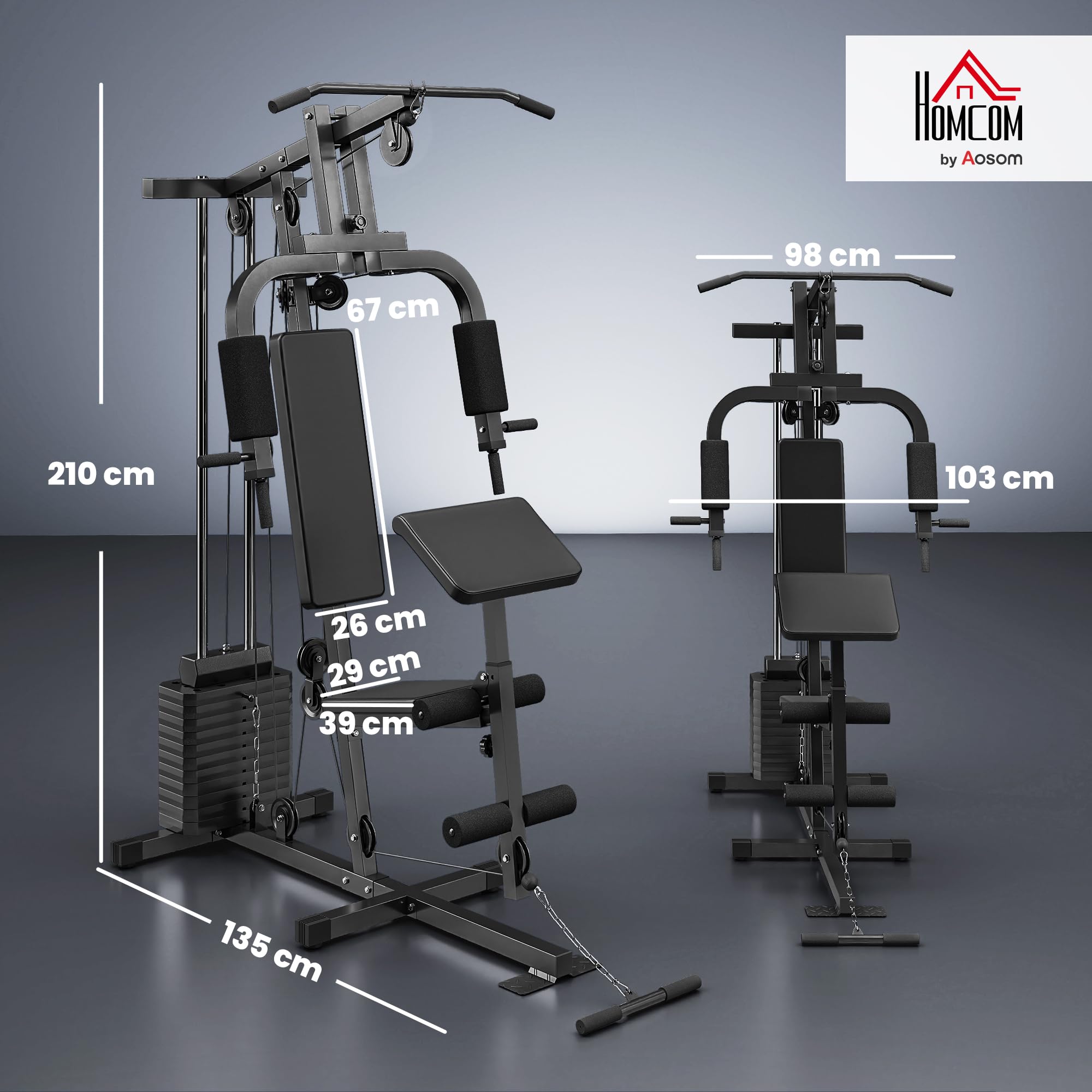HOMCOM Station de Musculation Multifonction avec Stack de 65 kg, Double Poulie, Station de Développé Couché, Butterfly, Plateforme à Biceps & Développeur de Jambes, Noir