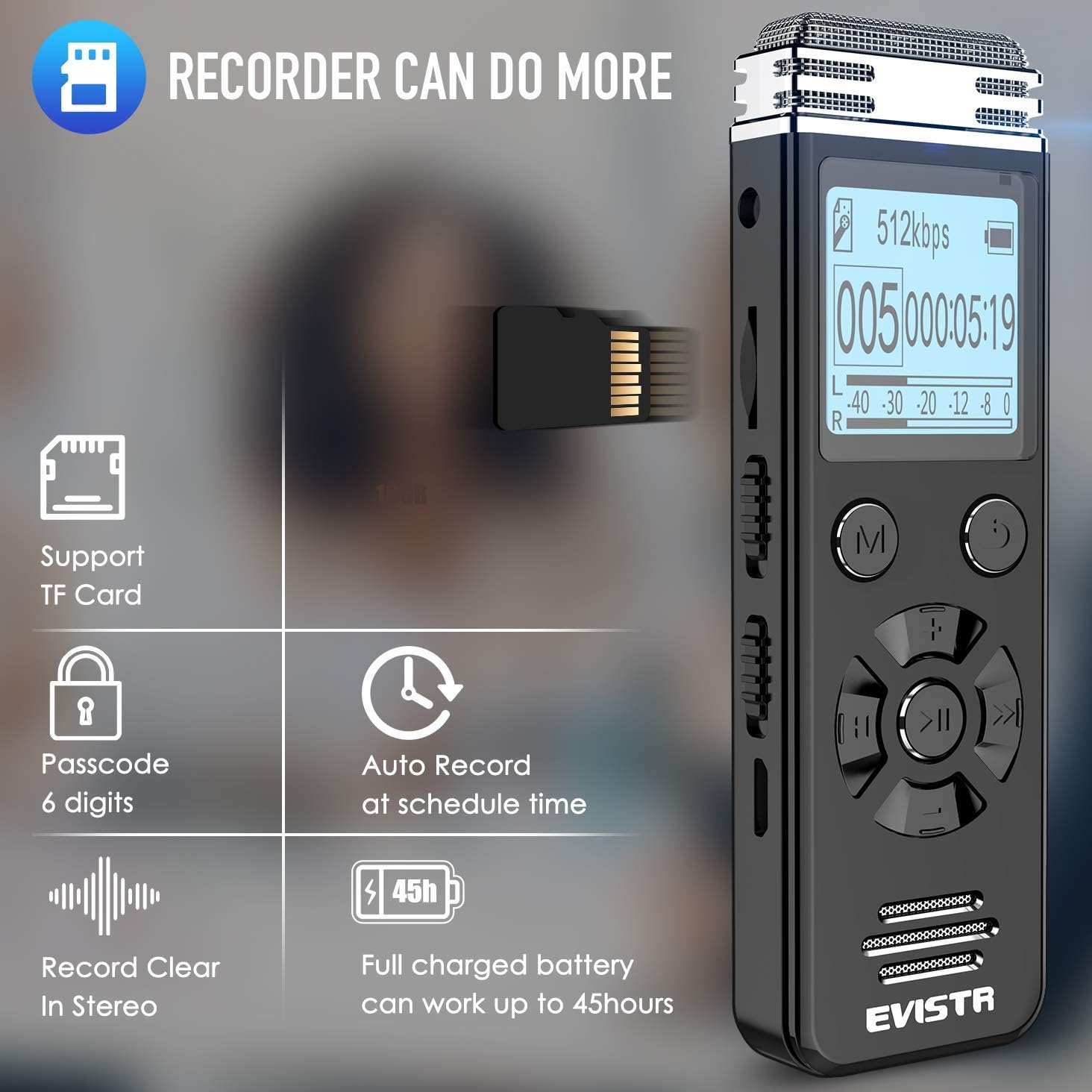 EVISTR V508 32gb Digital Voice Recorder for Lectures Meetings - Portable Recording Devices with Playback, Line-in, Password, USB Rechargeable : Electronics