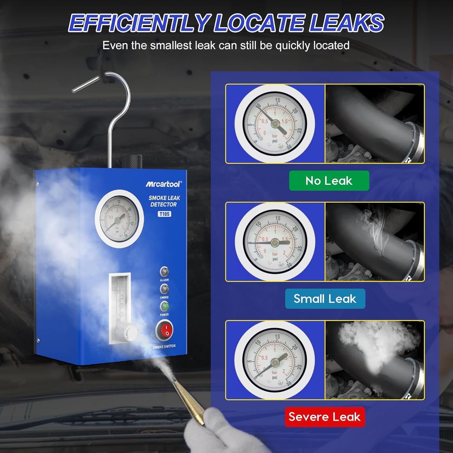 MR CARTOOL T105 Automotive Smoke Machine Leak Tester, Smoke Tester with Built-in Air Pump and Pressure Gauge, Vacuum Diagnostic Detector Tools Kit for 12V DC Cars System