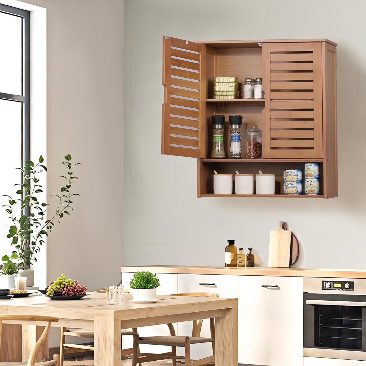 HYNAWIN Bamboo Wall Cabinet, Over Toilet Bathroom Furniture, Wall Mounted Storage Medicine Cabinet with Two Doors & Adjustable Shelves, for Bathroom, Kitchen, Living Room, Walnut, Dark Brown