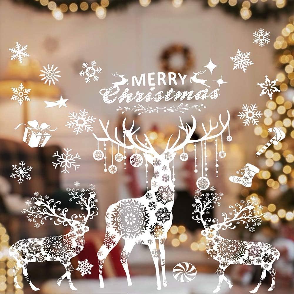 Christmas Window Stickers Xmas Reindeer Snow Flakes Wall Stickers Decals Removable PVC Door Sticker for Christmas, Holiday Decoration