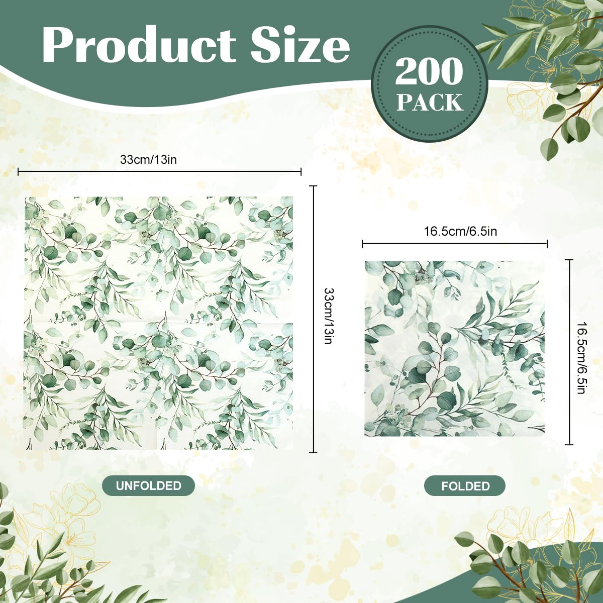 200 servilletas de papel desechables de hojas verdes, servilletas de papel decorativas para baño, baby shower, boda, fiesta de cumpleaños, decoración de mesa (16,5 x 16,5 cm)