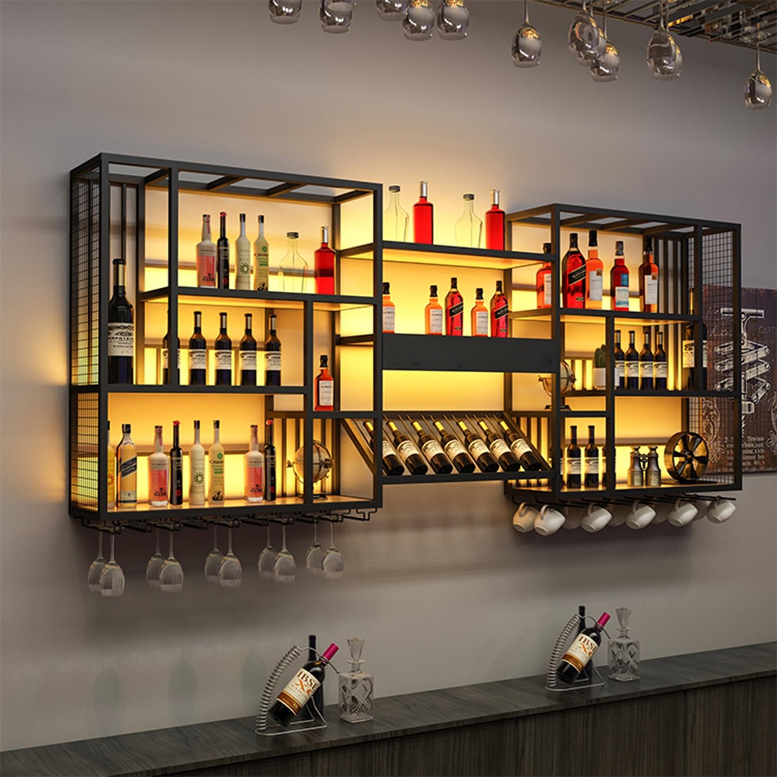 Espositore per vino da parete in metallo moderno, Design Multi-Gancio Ripiani Bar, Mensola Per Vino Industriale Calice E Portabicchieri, per Casa Cucina Sala Da Pranzo Sbarra Decorazioni(250*20*120cm/