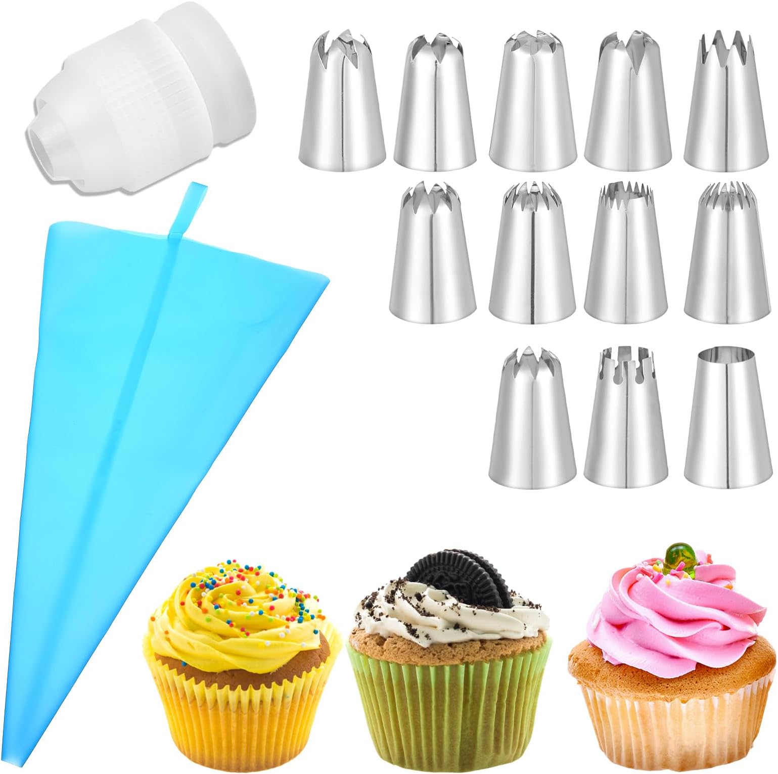 14Pcs Large Piping Tips Set, Stainless Steel Icing Tip, Big Pastry Tips and Reusable Pastry Bag Frosting Icing Tip for DIY Cupcakes Pastrys Dough Cookie Cake Decorating