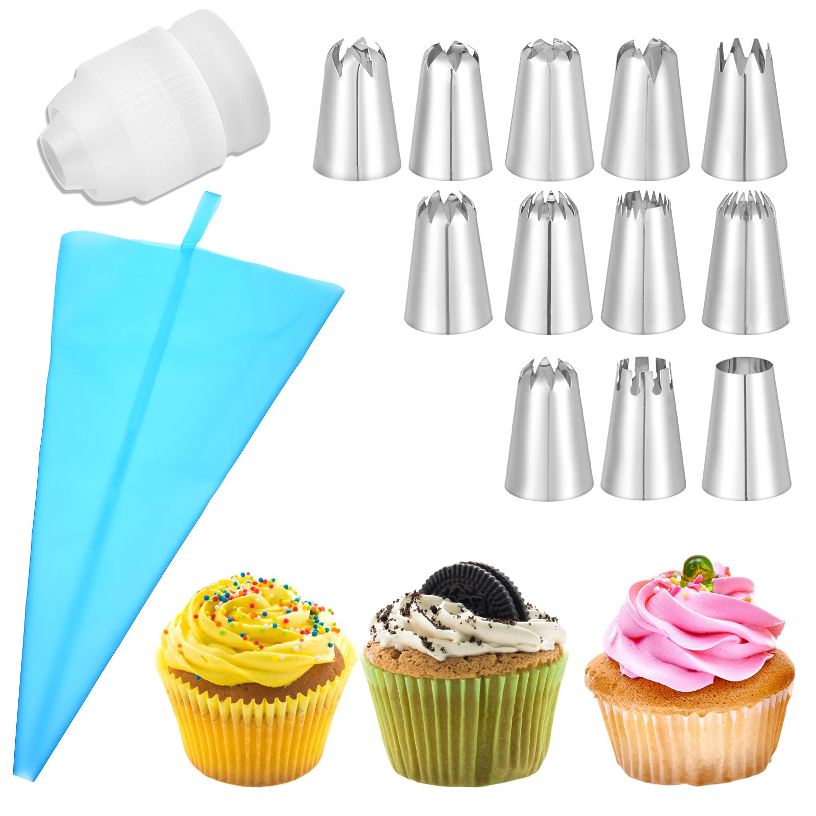 14Pcs Large Piping Tips Set, Stainless Steel Icing Tip, Big Pastry Tips and Reusable Pastry Bag Frosting Icing Tip for DIY Cupcakes Pastrys Dough Cookie Cake Decorating