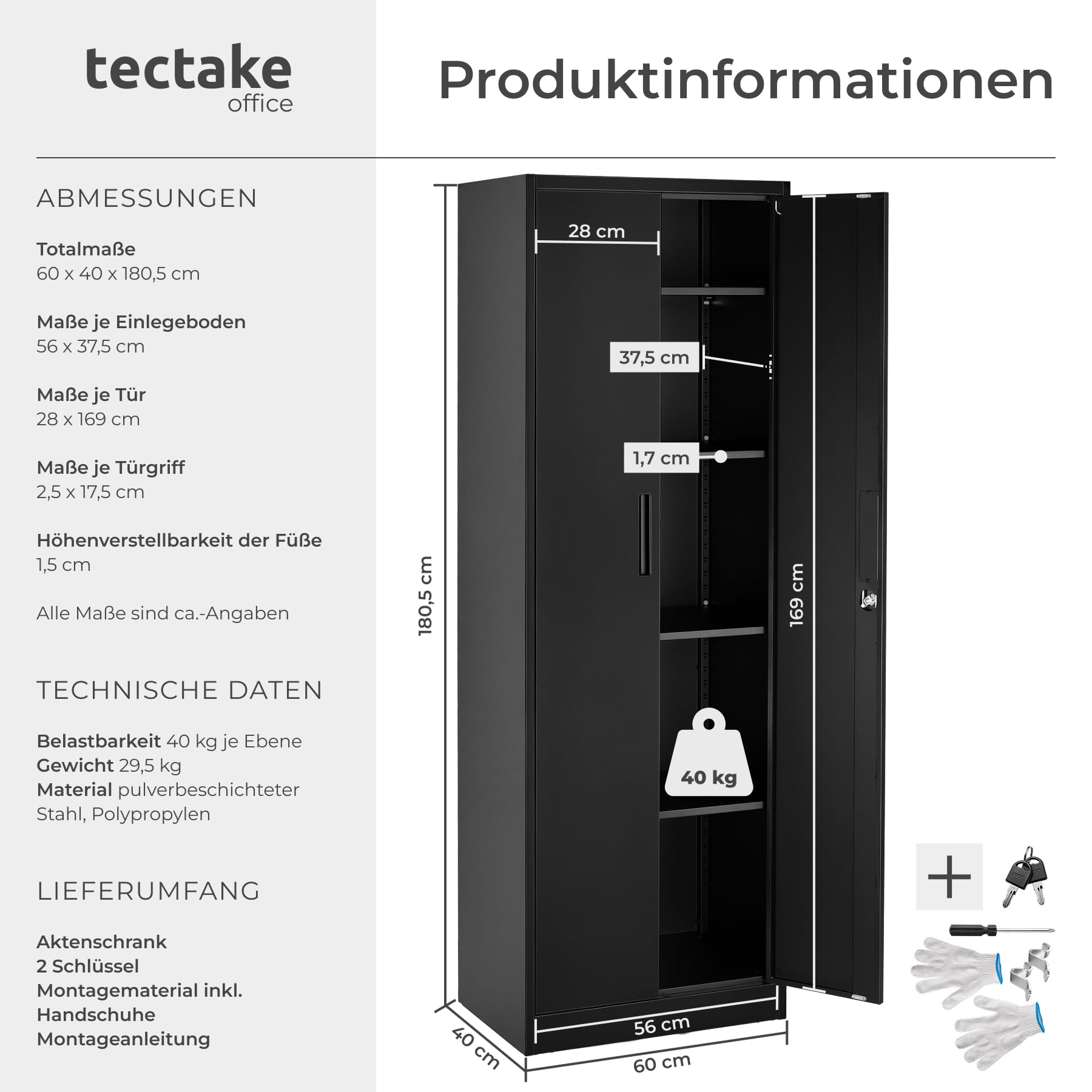TecTake® Aktenschrank, 60 x 40 x 180,5 cm, mit Magnetverschluss und 4 verstellbare Böden, abschließbar,mit Kippschutz, höhenverstellbare Füße, pulverbeschichtet, inkl. Handschuhe für Aufbau - schwarz