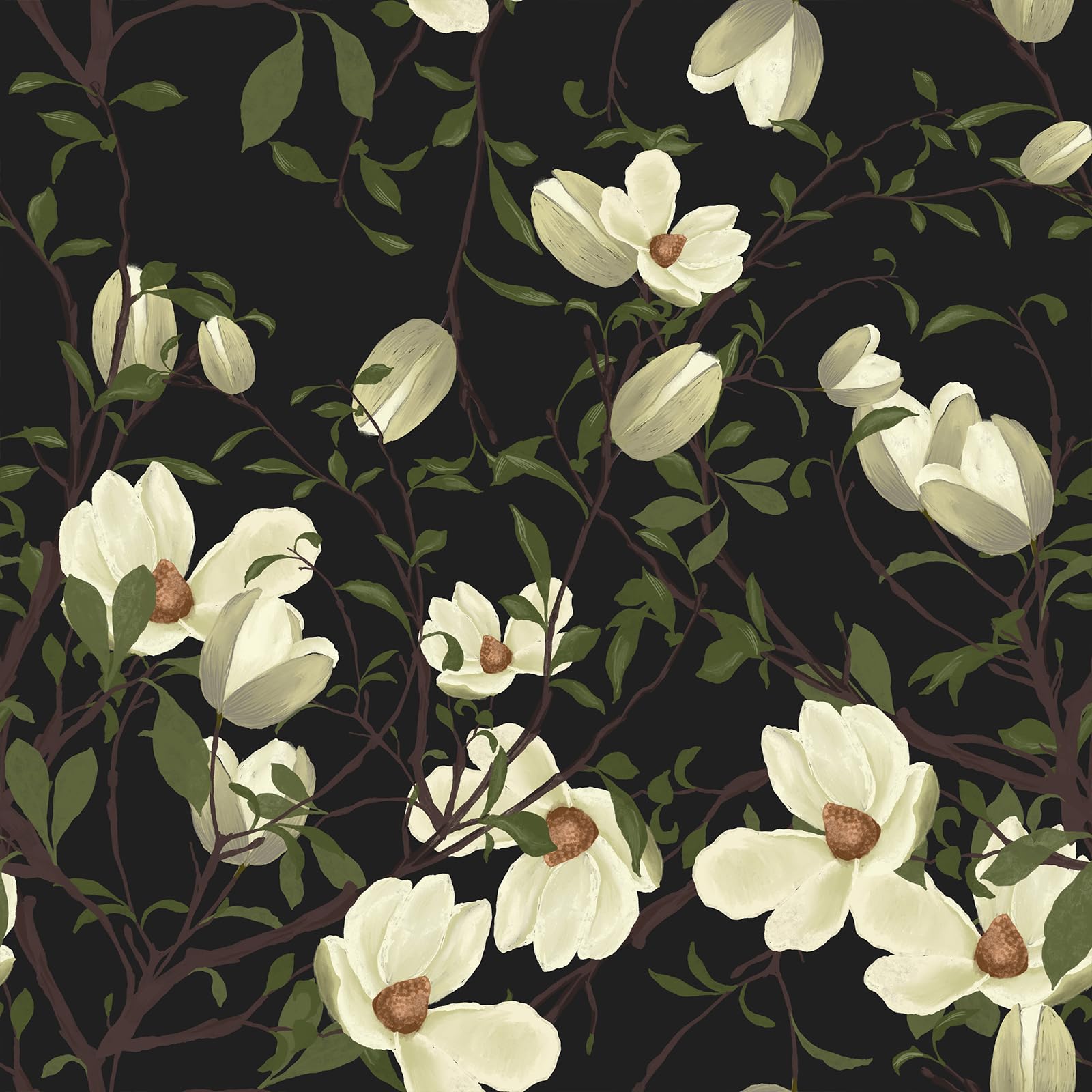 VaryStyle 17.7"x393" Dark Floral Wallpaper Peel and Stick Wallpaper Black/Green/Cream Blooming Flower Tree Wallpaper Waterproof Self Adhesive Vinyl