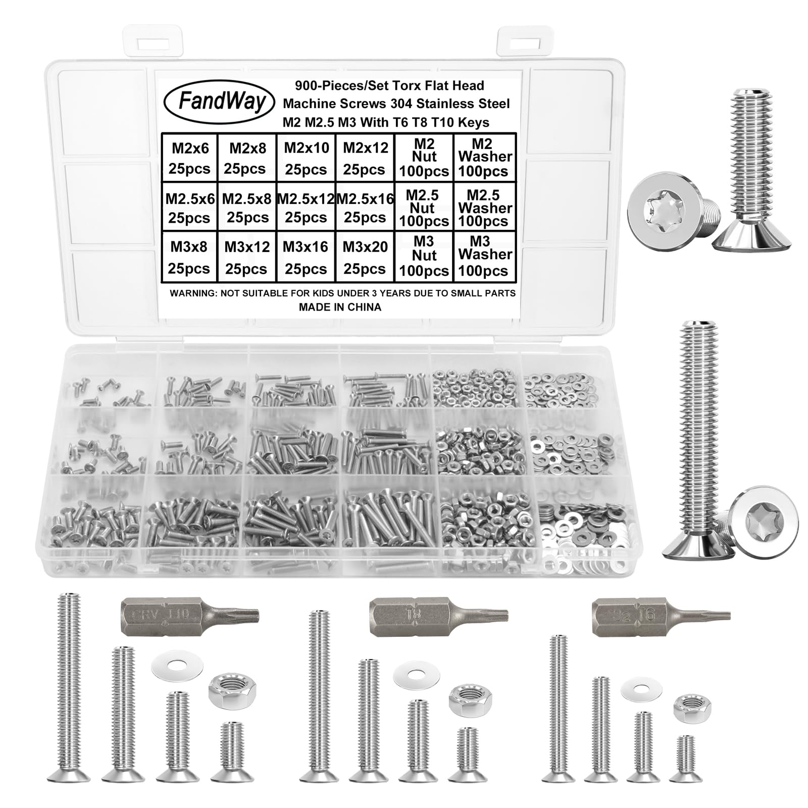 FandWay 900Pcs Bolts and Nuts Set,M2 M2.5 M3 Torx Countersunk Machine Screws,Flat Head Torx Screws,304 Stainless Steel Bolts and Washers Set Fully Threaded With T6 T8 T10 Wrench