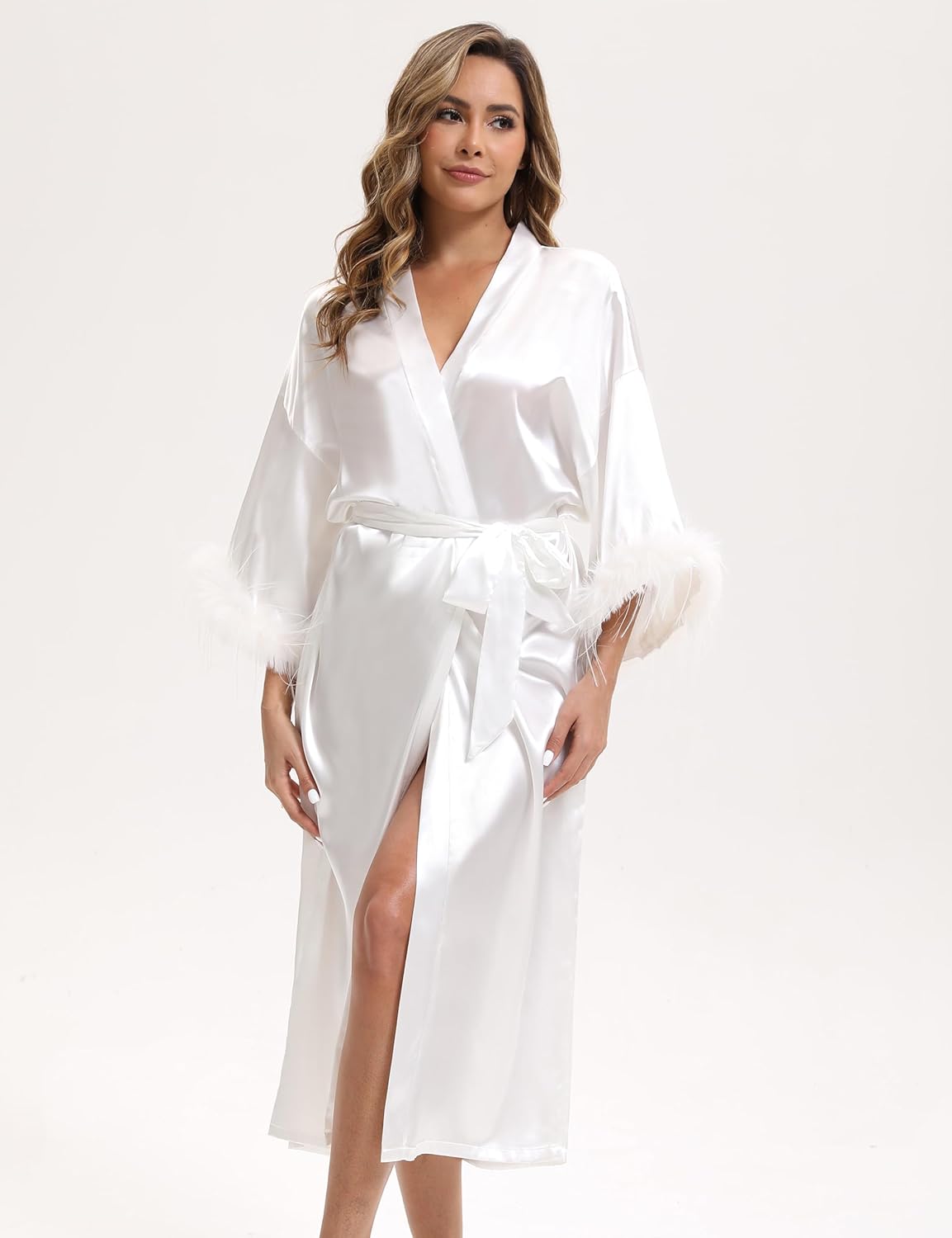 Bride Robe for Wedding Day with Feather Trim Satin Robe for Women Bridal Party Long Silky Kimono - Image 2
