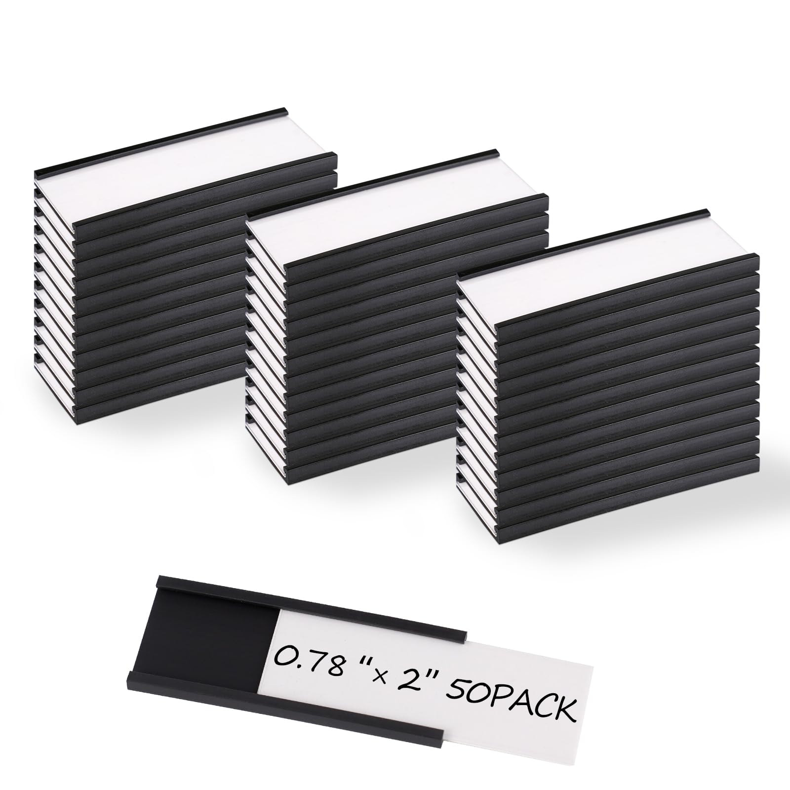 Realth Magnetic Label Holder | 19MM X 50MM | 50 Packs C Channel | White Cards and Clear Protectors | Mess Free Removable | for White Board Metal Wall Cabinet Drawer and Shelves (MLH07250)