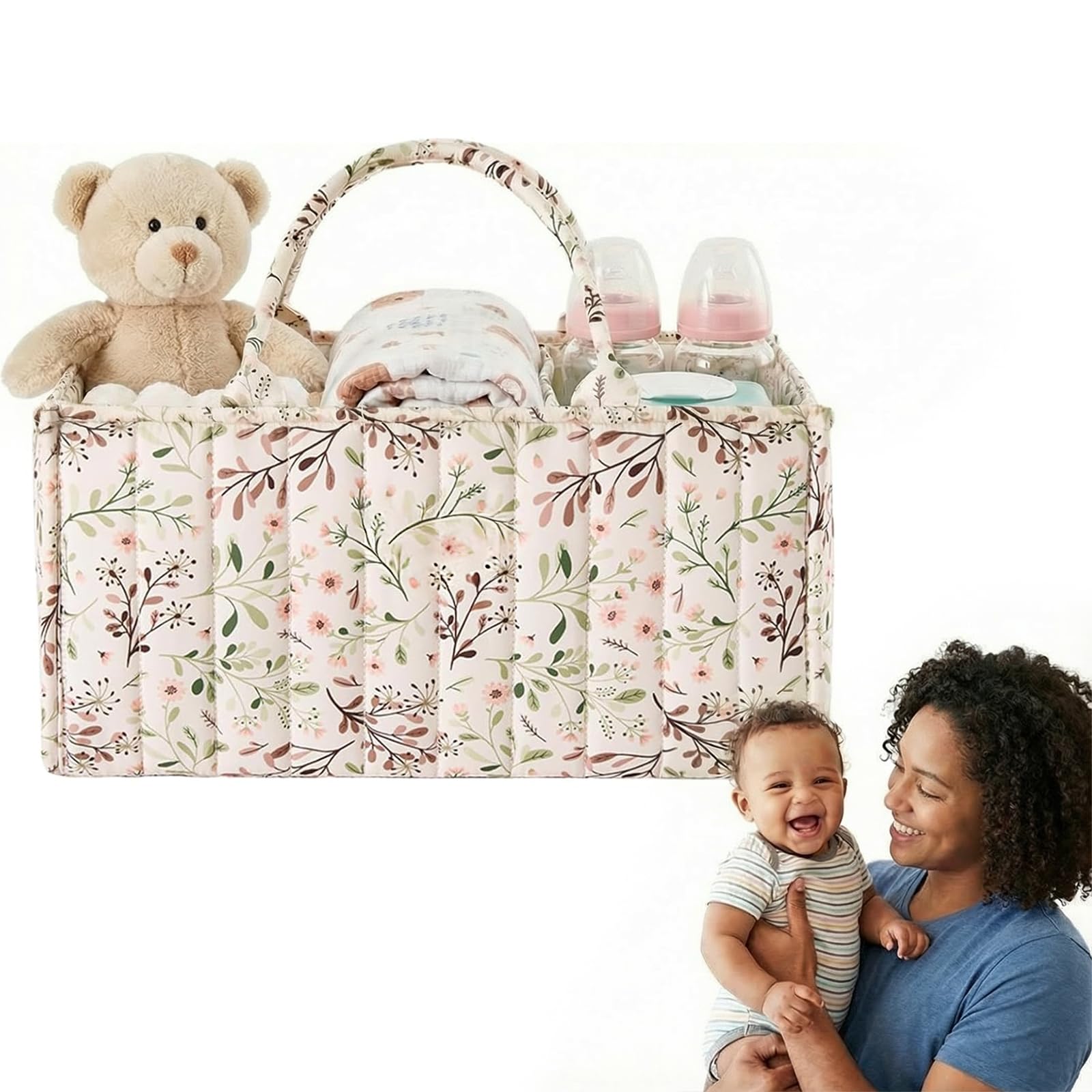 ChioSun Baby Nappy Caddy Organiser, Diaper Caddy Basket with Removable Dividers, 15 * 10 * 7 inch Nursery Storage Basket, Newborn Essentials Nappy Organiser, Baby Shower Gifts, Floral