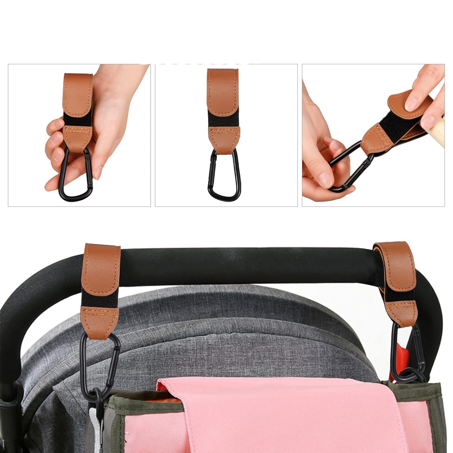 Shabany Gancio universale per passeggino, 2 pezzi, misura universale, gancio per passeggino, gancio da tasca, regolabile, robusto, con chiusura in , colore: marrone