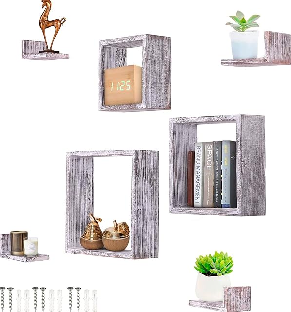 Comfify Rustic Wall Mounted Square Shaped Floating Shelves  Set of 7  3 Square Shelves and 4 Rectangle Shaped Rustic Shelves  Screws and Anchors Included  Rustic Wall Décor - Rustic White